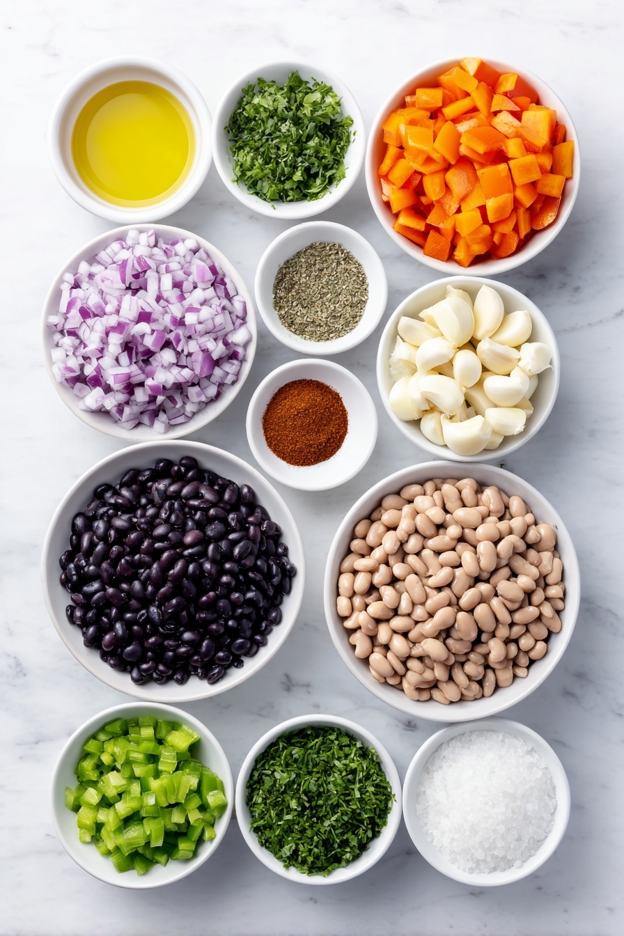 Flat lay of a medium red onion chopped on a simple white ceramic plate, one large red bell pepper chopped on a white ceramic dish, two medium carrots chopped on a white plate, two ribs of celery chopped on a small white dish, four cloves of whole fresh garlic peeled arranged on a white ceramic bowl, a small white bowl of extra-virgin olive oil, a small white bowl of chili powder, a small white bowl of ground cumin, a small white bowl of smoked paprika, a small white bowl of dried oregano leaves, a white ceramic plate with a fresh bay leaf, a small white bowl of chopped fresh cilantro, a small white bowl of sherry vinegar, two small white bowls containing rinsed black beans and rinsed pinto beans respectively, a large white bowl with diced fresh tomatoes with juices, and a small white bowl of salt, all placed with perfect symmetry and balanced layout on a clean white marble surface, soft natural light, photo taken with an iPhone, professional food photography style, fresh ingredients, white ceramic bowls, no bottles, no duplicates, no utensils, no packaging --ar 2:3 --v 7 --p m7354615311229779997 - Vegetarian Chili, Vegetarian Chili Recipe, Meat-Free Chili, Healthy Vegetarian Chili, Cozy Vegetarian Chili