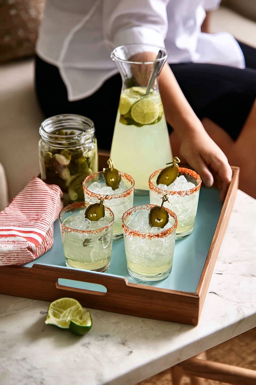 Three clear glasses filled with light greenish-yellow drink and crushed ice are placed on a white marbled surface. Each glass has a rim coated with red chili powder and is decorated with a skewer holding two small pickles. A large clear pitcher filled with a pale yellow drink, floating jalapeño slices, and ice is on the left side, next to a jar of pickles. A woman's hand with light purple nail polish is holding one of the glasses. A background shows a person wearing a white shirt with wide cuffs and a black-and-white striped belt. A few lime wedges are scattered on the white marbled surface. Photo taken with an iphone --ar 2:3 --v 7 - Spicy Pickle Margarita, spicy margarita recipe, jalapeño pickle cocktail, tangy spicy margarita, easy spicy margarita