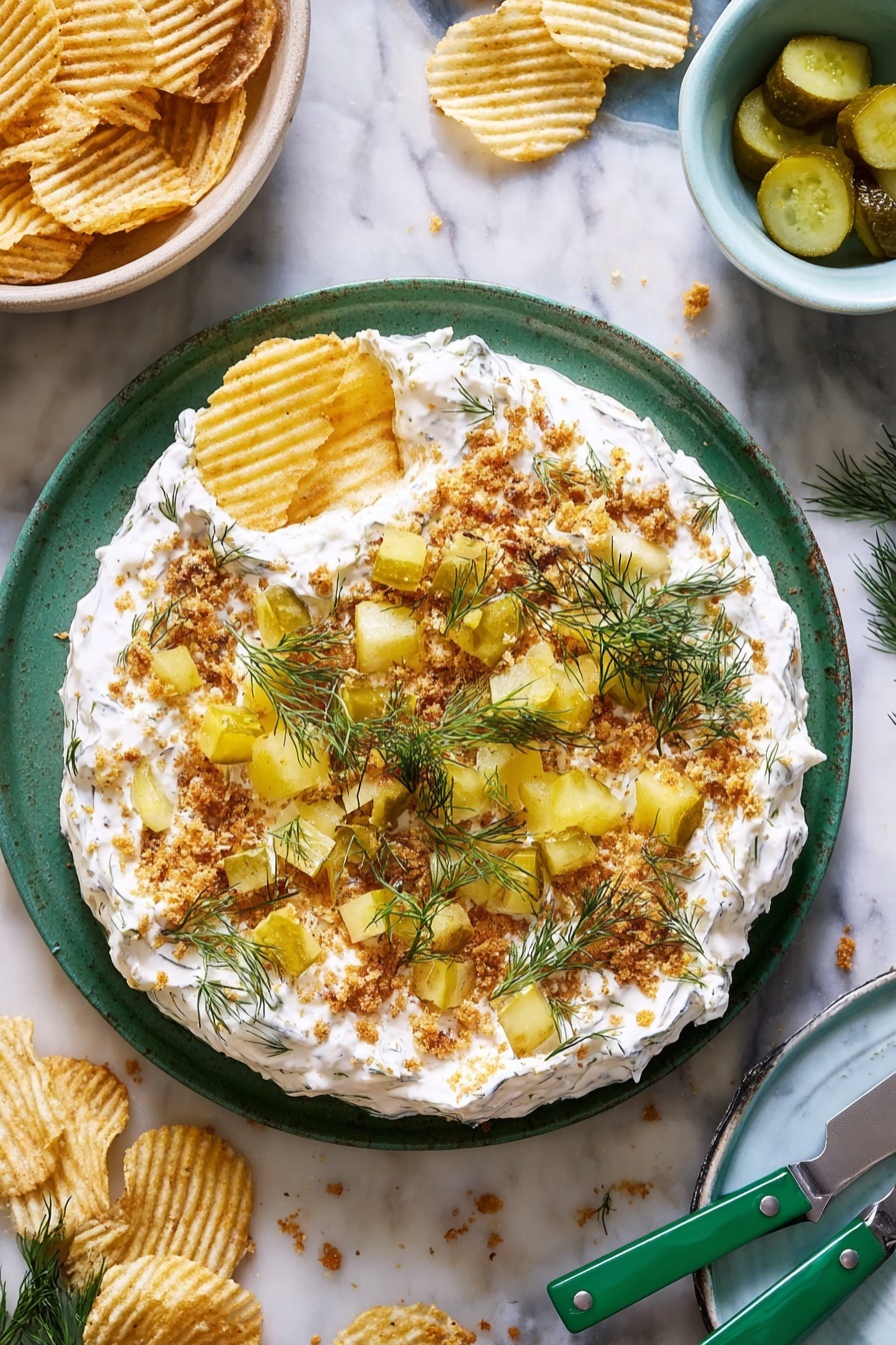 A round bowl filled with a creamy white dip that has a rough, thick texture. On top, there are small cubes of light green pickles scattered evenly across the surface, along with fresh, bright green dill sprigs placed in a random pattern. Golden crumbs are sprinkled lightly over the dip, adding a slight grainy texture. A ripple-textured potato chip, pale yellow in color, is being lifted by a woman's hand from the dip, scooping a chunky portion. The bowl and surrounding dishes sit on a white marbled surface, with some more ripple potato chips placed nearby and a few kitchen utensils in dark green with silver accents beside the bowl. Photo taken with an iphone --ar 2:3 --v 7 - Viral Pickle Dip, Pickle Dip with Toasted Breadcrumbs, Easy Pickle Dip, No-Fry Pickle Dip, Tangy Pickle Dip Recipe