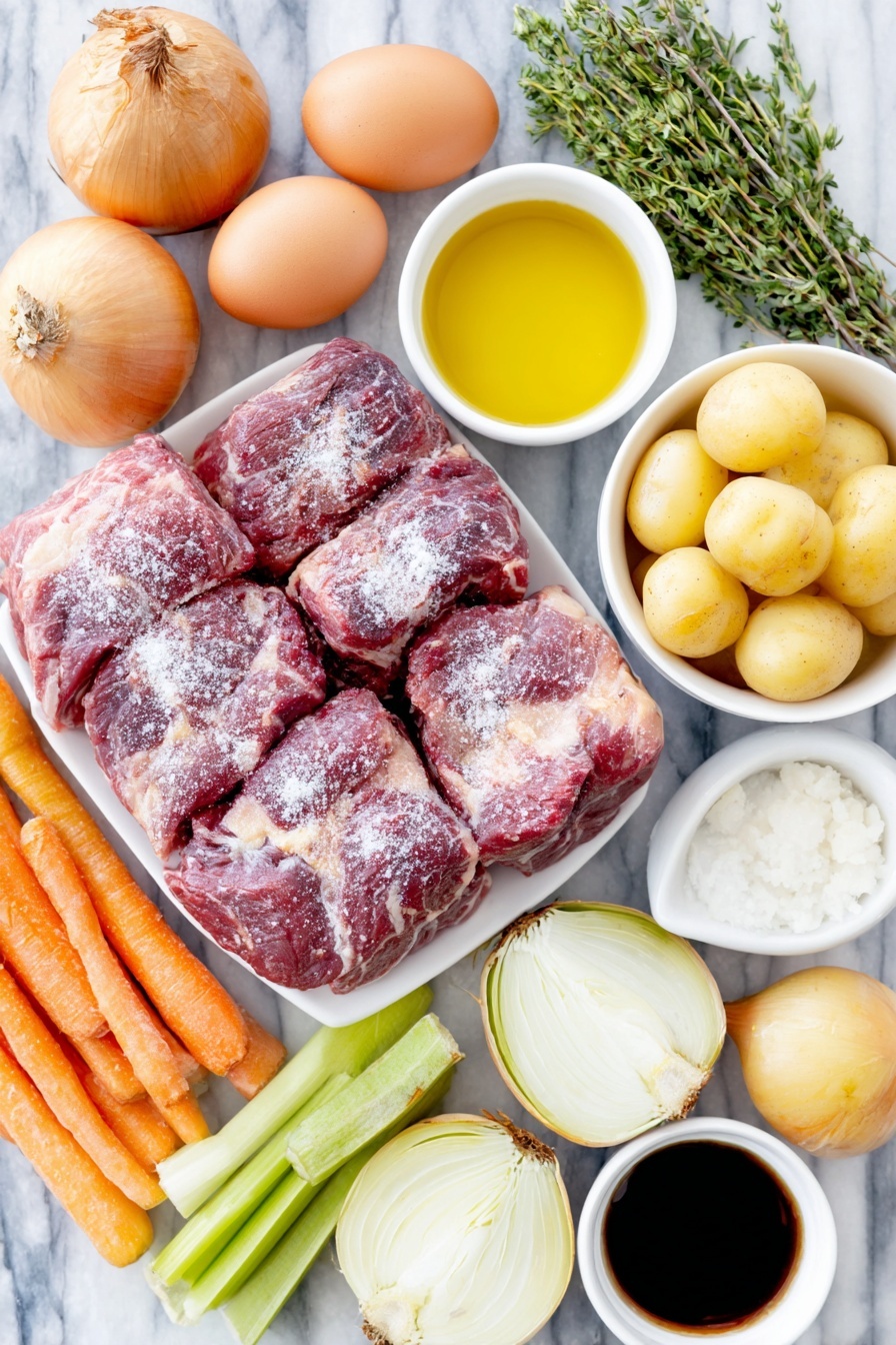 Flat lay of raw chuck beef cubes with a light dusting of flour, two whole brown eggs with clean shells, a large halved onion cut into slices, four peeled garlic cloves, three fresh carrots cut diagonally, two celery stalks sliced, several fresh bay leaves, four sprigs of thyme, a small pile of halved baby potatoes, a small white ceramic bowl of olive oil, a small white ceramic bowl of beef broth, a small white ceramic bowl of bold red wine, a small white ceramic bowl of tomato paste, and a small white ceramic bowl of Worcestershire sauce arranged symmetrically on a clean white marble surface, soft natural light, photo taken with an iPhone, professional food photography style, fresh ingredients, white ceramic bowls, no bottles, no duplicates, no utensils, no packaging --ar 2:3 --v 7 --p m7354615311229779997 - Classic Beef Stew with Red Wine, hearty beef stew, red wine beef stew, comforting beef stew recipe, flavorful beef stew