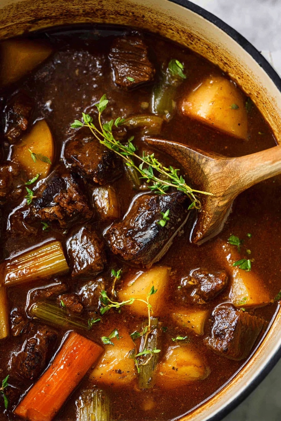A close-up view of a thick brown stew in a white pot filled with chunky pieces of tender dark brown meat, bright orange carrot segments, light green celery sticks, and yellowish potato wedges. Sprigs of fresh green herbs float atop the stew, and a wooden spoon is partially submerged in the rich, glossy sauce. The scene is set on a white marbled surface, highlighting the rich colors and textures of the stew. photo taken with an iphone --ar 2:3 --v 7 - Classic Beef Stew with Red Wine, hearty beef stew, red wine beef stew, comforting beef stew recipe, flavorful beef stew