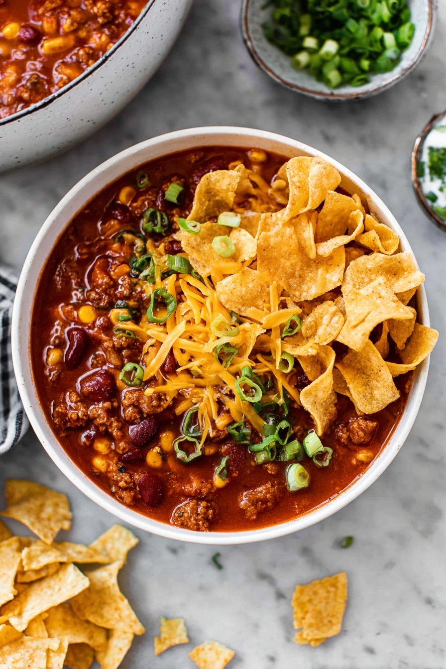 A white bowl filled with three main layers: the bottom layer is a rich, dark red chili with visible beans and pieces of meat, the middle layer is covered with shredded light orange cheese scattered unevenly, and the top layer has crispy, light brown tortilla chips placed in the center, garnished with chopped green onions. The bowl sits on a white marbled surface with more tortilla chips in the background. photo taken with an iphone --ar 2:3 --v 7 - Quick and Easy Taco Soup, taco soup recipe, quick dinner ideas, one-pot taco soup, flavorful weeknight meals