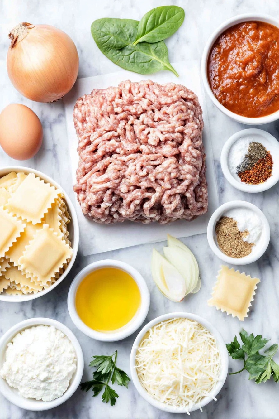 Flat lay of a raw half pound of lean ground beef shaped in a neat mound, a raw half pound of ground Italian sausage formed into a compact ball, whole uncracked brown eggs, a small yellow onion cut in half revealing its layers, three peeled garlic cloves, small white ceramic bowls containing bright red tomato paste, deep red homemade marinara sauce, clear golden olive oil, and low sodium chicken broth, a small white bowl with red pepper flakes, dried oregano, and dried basil powders arranged side by side, fresh flat-leaf parsley sprigs, several fresh basil leaves, fresh vibrant green spinach leaves, broken pieces of uncooked lasagna noodles with ruffled edges, a small white bowl with creamy white ricotta cheese, another small white bowl with shredded mozzarella, and a third small white bowl of finely grated parmesan cheese, all ingredients evenly spaced and perfectly symmetrical, placed on a clean white marble surface, soft natural light, photo taken with an iPhone, professional food photography style, fresh ingredients, white ceramic bowls, no bottles, no duplicates, no utensils, no packaging --ar 2:3 --v 7 --p m7354615311229779997 - Lasagna Soup with Cheese and Spinach, Italian lasagna soup, cheesy spinach soup, quick lasagna-inspired soup, hearty Italian soup