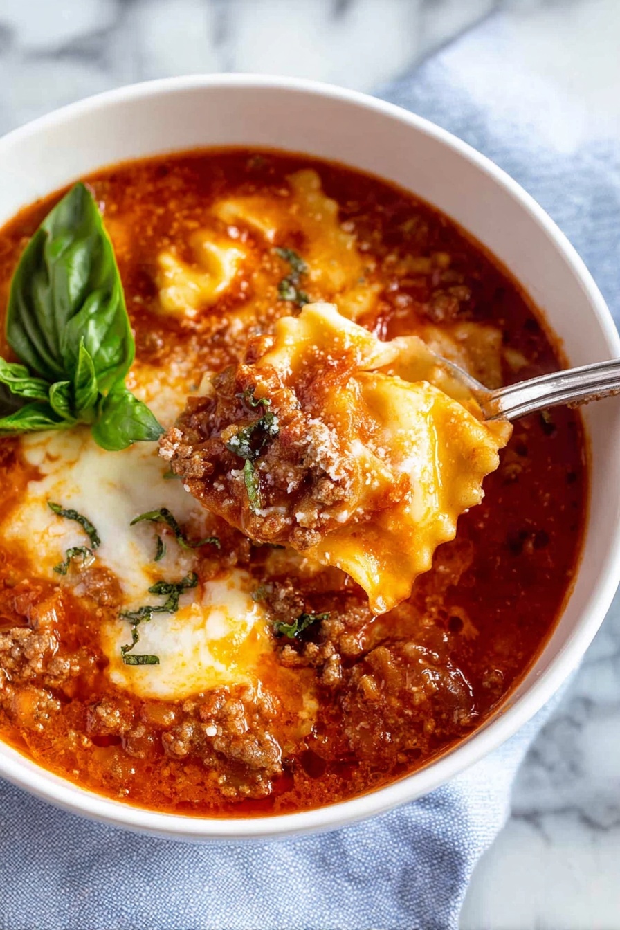 A white bowl filled with rich red lasagna soup showing visible layers of ruffled pasta, small chunks of browned meat, and melted cheese dolloped in the center, topped with two fresh green basil leaves. A silver spoon rests inside the bowl on the left side, and the bowl sits on a white marbled surface. The soup looks thick and textured with bits of herbs and seasoning visible throughout. photo taken with an iphone --ar 2:3 --v 7 - Lasagna Soup with Cheese and Spinach, Italian lasagna soup, cheesy spinach soup, quick lasagna-inspired soup, hearty Italian soup