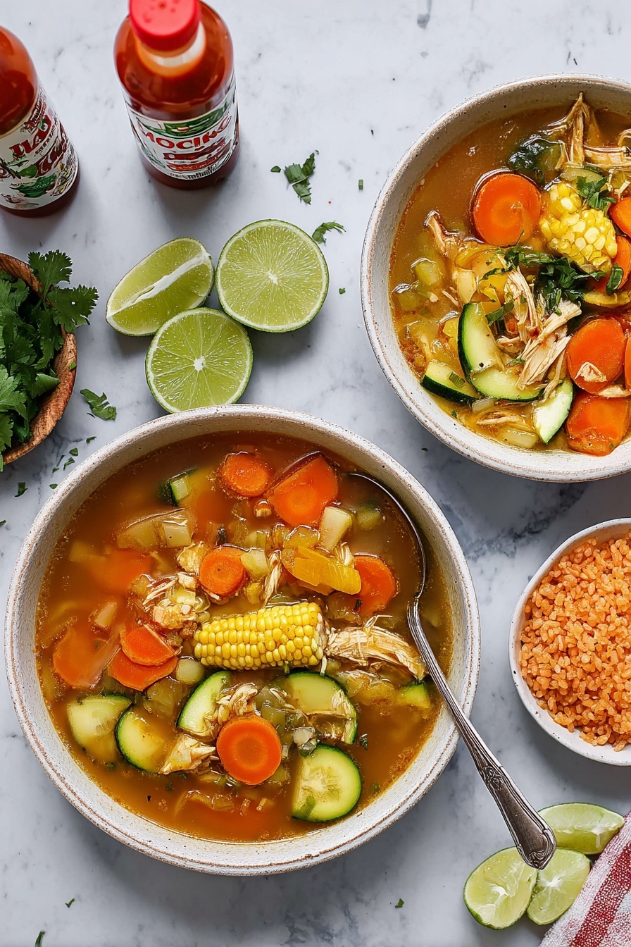 A white bowl full of clear broth soup with colorful vegetable and chicken pieces floating in it. The top layer shows bright yellow corn on the cob on the left, orange carrot slices, and shredded light brown chicken chunks. There are green zucchini pieces and celery pieces around the soup, with a slice of lime and green cilantro leaves resting on the edge of the bowl. A metal spoon is placed in the soup on the right side. The bowl sits on a white marbled surface with a blurred side bowl and some bottles behind. Photo taken with an iphone --ar 2:3 --v 7 - Authentic Chicken Caldo, Mexican Chicken Soup, Homemade Chicken Caldo, Hearty Mexican Soup, Traditional Chicken Caldo