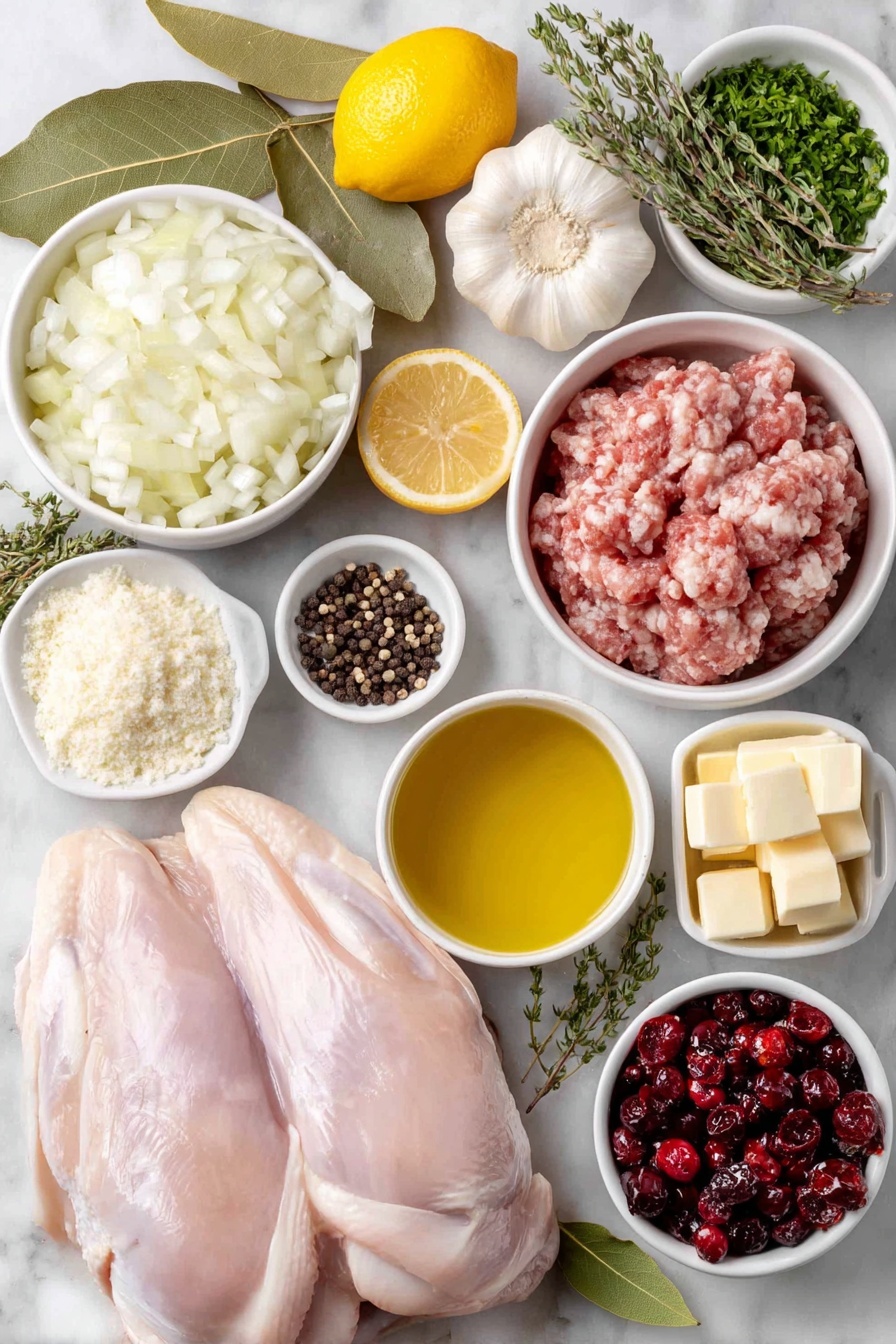 Flat lay of fresh whole garlic cloves, bright green bay leaves, a halved vibrant yellow lemon, a small white bowl of coarse black peppercorns, a white ceramic bowl with golden olive oil, a white bowl with creamy butter cubes, a large peeled onion finely chopped resting in a white bowl, finely chopped garlic in a small white bowl, a mound of spicy Italian breakfast sausage meat, a small white bowl filled with light golden breadcrumbs, a small bowl of plump dried cranberries, a small bowl with fresh chopped thyme sprigs, a small bowl filled with chopped fresh parsley, a white bowl containing pale straw-colored white wine, a white bowl holding clear chicken broth, two raw wild turkey breasts, skinless and butterflied, all ingredients arranged symmetrically and proportionally in a professional flat lay style placed on a clean white marble surface, soft natural light, photo taken with an iPhone, professional food photography style, fresh ingredients, white ceramic bowls, no bottles, no duplicates, no utensils, no packaging --ar 2:3 --v 7 --p m7354615311229779997 - Turkey Breast with Sausage and Cranberry Stuffing, flavorful turkey main dish, holiday stuffing recipe, savory sausage stuffing, cranberry stuffed turkey