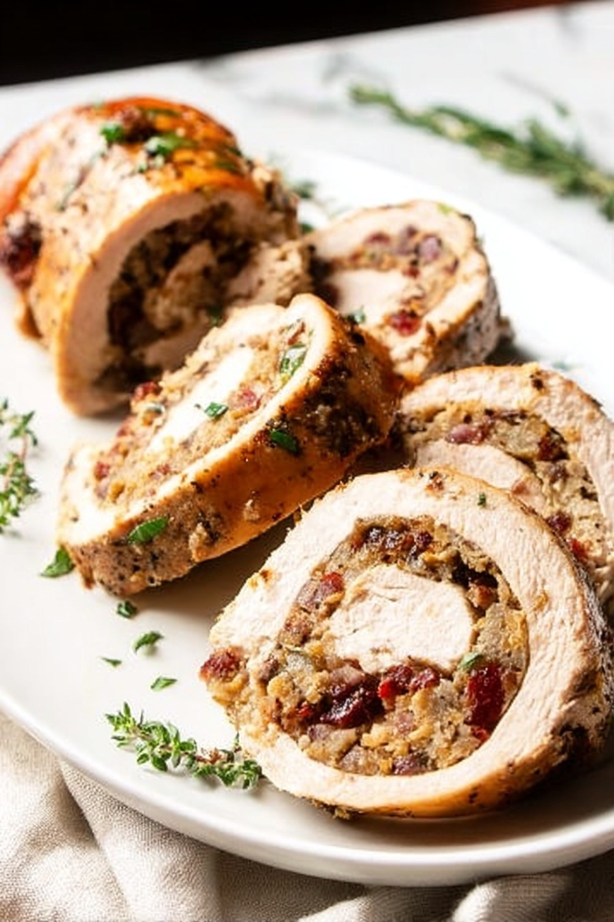 The image shows a white plate holding several slices of rolled and stuffed cooked meat. The meat is light brown on the outside with visible seasoning and small green herb pieces scattered on top. Inside, the stuffing has a varied texture made up of small bits, including red and brown pieces, giving it a speckled look. The slices are arranged in a line on the plate, with some slices thicker than others, and there are small green herb leaves garnished around the meat. The plate sits on a white marbled surface with a soft cloth partially visible under it. photo taken with an iphone --ar 2:3 --v 7 - Turkey Breast with Sausage and Cranberry Stuffing, flavorful turkey main dish, holiday stuffing recipe, savory sausage stuffing, cranberry stuffed turkey