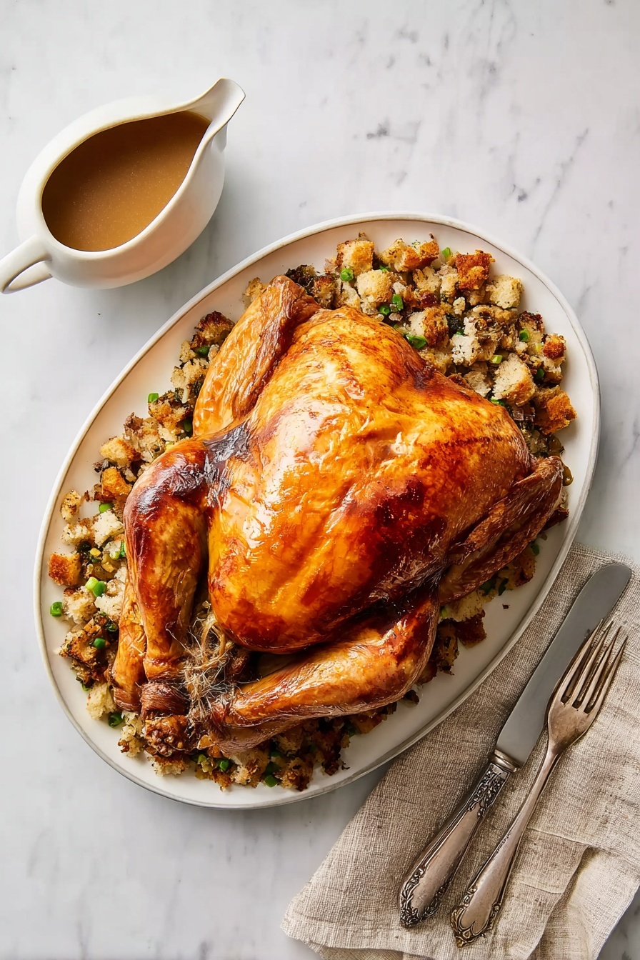 A whole roasted chicken with a shiny, golden-brown skin sits in the center of a white oval plate. The chicken is placed on a bed of stuffing made of small chunks of bread, green herbs, and bits of vegetables, creating a mix of light brown, green, and beige colors underneath and around the chicken. Next to the plate on the left side is a white gravy boat filled with brown gravy. On the right side, a beige cloth napkin lies under a silver fork and knife with an old-fashioned design. The whole scene is set on a white marbled surface. photo taken with an iphone --ar 2:3 --v 7 - Juicy Roast Turkey, Juicy Roast Turkey with Cheesecloth, moist turkey recipe, holiday turkey, tender roast turkey