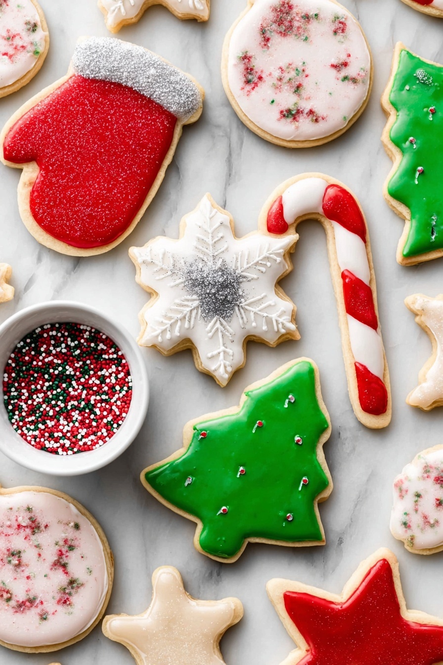The image shows an arrangement of Christmas-themed sugar cookies on a white marbled surface. There are red mitten-shaped cookies with a white glittery cuff, green Christmas tree-shaped cookies decorated with small white dots resembling snow, white snowflake-shaped cookies with silver sugar sprinkles, red candy cane-shaped cookies decorated with white sprinkles, and round ornament-shaped cookies with pale pink icing and silver sugar sprinkles. There are also plain star-shaped cookies without icing. A small white bowl filled with red, green, and white sprinkles is placed on the left side of the frame. The cookies have smooth, glossy icing and are spaced evenly, creating a festive holiday look. Photo taken with an iphone --ar 2:3 --v 7 - Christmas Sugar Cookies with Easy Icing, holiday sugar cookie recipe, festive Christmas cookies, simple icing sugar cookies, easy holiday cookie ideas