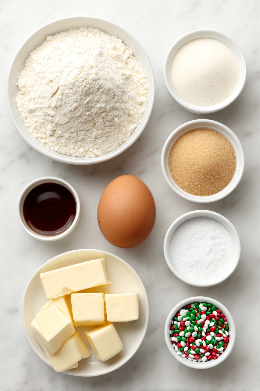 Flat lay of a small mound of all purpose flour on a simple white ceramic plate, a small white bowl filled with light brown soft brown sugar, a small white bowl with granulated white sugar, a whole large brown egg with a clean shell, a few pale yellow cubes of unsalted butter, a small white bowl of pure vanilla extract, a small white bowl of colorful M&M's candies, a small white bowl of red, green, and white holiday sprinkles, a small white bowl with baking powder, a small white bowl with baking soda, a small white bowl with salt, all arranged in perfect symmetry and balanced proportions, placed on a clean white marble surface, soft natural light, photo taken with an iPhone, professional food photography style, fresh ingredients, white ceramic bowls, no bottles, no duplicates, no utensils, no packaging --ar 2:3 --v 7 --p m7354615311229779997 - Chewy M&M Christmas Cookies, festive holiday cookies, easy Christmas cookie recipes, colorful holiday treats, soft chewy cookie ideas