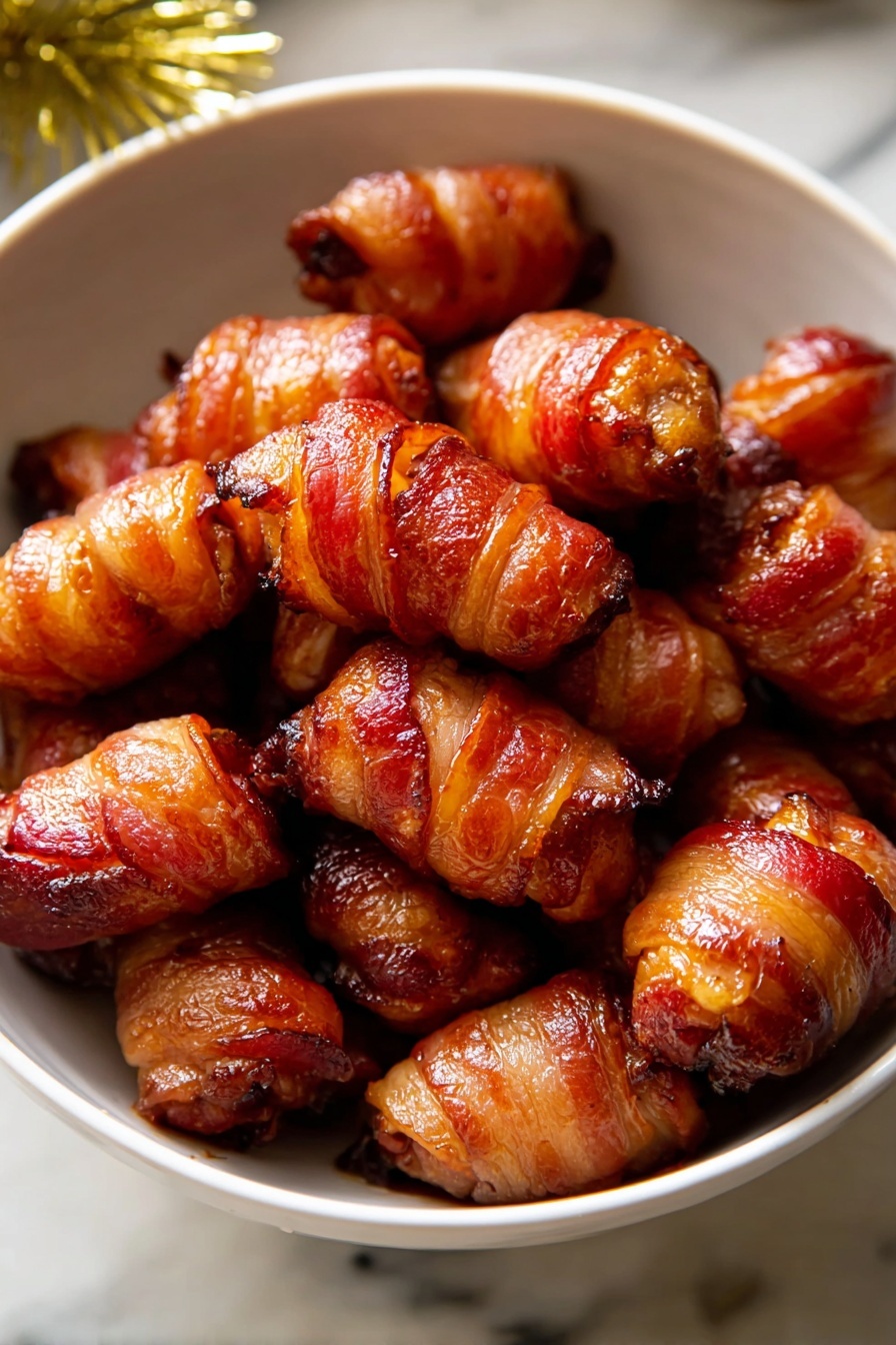 A white bowl is filled with many small pieces of food wrapped tightly in roasted bacon. The bacon is golden brown with crispy and slightly shiny edges, tightly covering each piece in spiral layers. Each piece looks plump and juicy underneath the bacon wrapping, with some darker caramelized spots showing on the bacon's surface. The bowl is set on a white marbled background that adds a clean contrast to the rich colors of the bacon-wrapped pieces. Photo taken with an iphone --ar 2:3 --v 7 - Honey Glazed Bacon-Wrapped Sausages, bacon wrapped sausages, savory sausage appetizers, easy bacon-wrapped snacks, party appetizer recipes