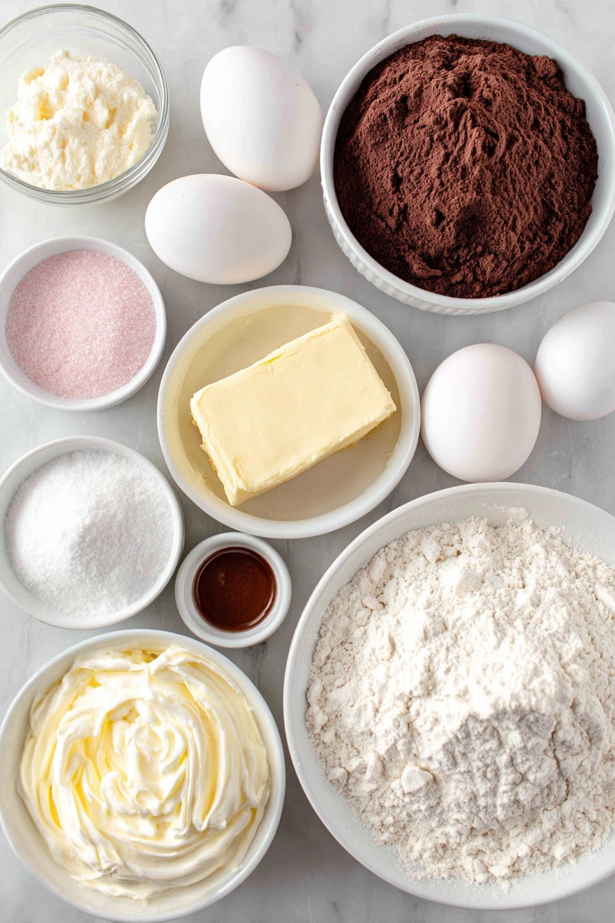 Flat lay of a soft pat of unsalted butter, a small white ceramic bowl holding granulated sugar, a small white ceramic bowl with sifted cake flour, a small white ceramic bowl filled with dark Dutch-processed cocoa powder, three large whole eggs with clean shells, a large whole egg white with a clean shell, a small white ceramic bowl containing vegetable oil, a small white ceramic bowl with whole milk, a small white ceramic bowl of vanilla extract, a small white ceramic bowl with kosher salt, a small white ceramic bowl holding cream of tartar, a small white ceramic bowl of powdered sugar, a small white ceramic bowl of unflavored powdered gelatin, a small white ceramic bowl with sweetened chestnut paste, a small white ceramic bowl containing amaretto liqueur, and a small white ceramic bowl of heavy cold whipping cream placed on a clean white marble surface, soft natural light, photo taken with an iPhone, professional food photography style, fresh ingredients, white ceramic bowls, no bottles, no duplicates, no utensils, no packaging --ar 2:3 --v 7 --p m7354615311229779997 - Chocolate Cake Roll with Chestnut Whipped Cream, chocolate chestnut cake, elegant chocolate dessert, rolled chocolate cake recipe, festive chestnut cake