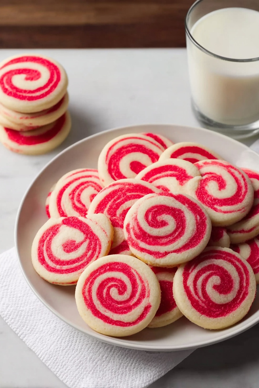 A long roll of dough with two colors is placed on a wooden cutting board; the outer layer is creamy white and the inner spiral layer is bright pink, creating a swirl pattern in the slices. Several evenly cut round slices lie on the right side of the roll, showing the clear swirl design. A large knife with a silver blade and black handle is placed above the roll, partially visible. The scene is simple with natural light highlighting the smooth texture of the dough and the sharp edges of the slices. photo taken with an iphone --ar 2:3 --v 7 - Holiday Pinwheel Cookies, festive cookie ideas, swirl cookie recipe, easy holiday cookies, colorful cookie desserts