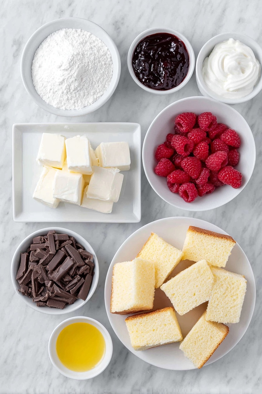 Flat lay of softened cream cheese blocks, a small white bowl of powdered sugar, a small white bowl of fresh lemon juice, a small white bowl of vanilla extract, a small white bowl of heavy whipping cream, a small white bowl of seedless raspberry jam, three small clusters of fresh raspberries, a pile of cubed pound cake pieces, a small white dish of chocolate curls, all arranged with perfect symmetry on a clean white marble surface, soft natural light, photo taken with an iPhone, professional food photography style, fresh ingredients, white ceramic bowls, no bottles, no duplicates, no utensils, no packaging --ar 2:3 --v 7 --p m7354615311229779997 - Cream Cheese Raspberry Trifle, raspberry trifle dessert, no-bake raspberry dessert, layered raspberry trifle, easy berry trifle