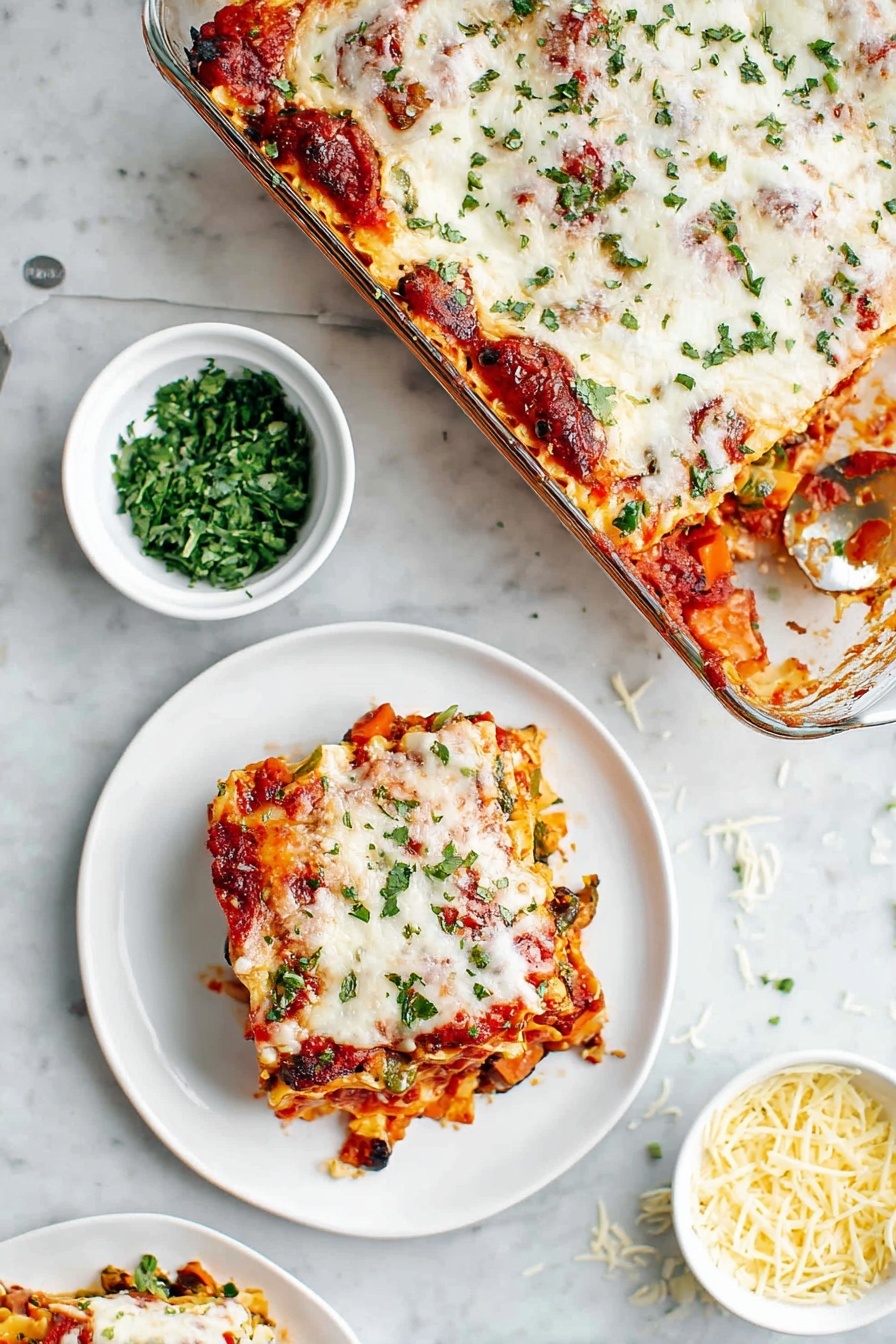 A clear glass baking dish filled with a baked lasagna that has three visible layers: a bottom layer of orange pasta sheets, a middle layer of rich red tomato sauce with bits of dark green spinach or herbs, and a top layer thickly covered with melted white cheese sprinkled with fresh green chopped parsley. The lasagna edges are slightly browned and crispy. Around the baking dish, there is a white marbled surface with a small white bowl of chopped herbs near the top and a pale yellow bowl holding shredded cheese at the bottom left, along with a striped white and black cloth in the upper right corner. photo taken with an iphone --ar 2:3 --v 7 - Vegetable Baked Ziti with Cheese, baked ziti with vegetables, cheesy pasta bake, healthy baked ziti recipe, vegetarian pasta casserole