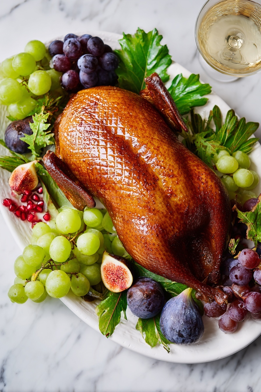 A roasted whole duck with shiny, crispy, dark brown skin featuring a diamond pattern on top sits in the center of a white plate. Surrounding the duck are fresh green leaves, clusters of green and dark purple grapes, purple figs cut in halves showing pink insides, and vibrant red pomegranate seeds. The overall setting is on a white marbled surface. The photo is taken with an iphone --ar 2:3 --v 7 - Crispy Roast Duck with Sweet Glaze, roasted duck with crispy skin, easy crispy duck recipe, sweet glazed roast duck, impressive holiday duck dish