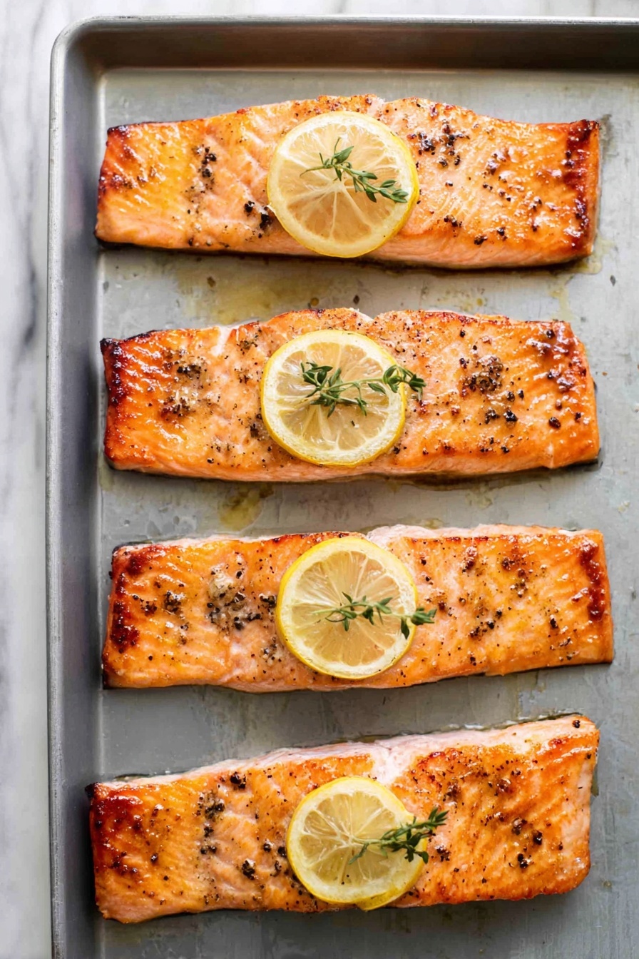 The image shows four cooked salmon fillets arranged in a vertical line on a baking sheet with a light grey surface. Each fillet is light orange with a crispy, slightly browned edge and specks of black pepper and herbs on top. A thin lemon slice with a small green herb sprig rests on the top center of each fillet, adding a touch of yellow and green contrast against the salmon. The baking sheet is placed on a white marbled surface that is clean and bright. photo taken with an iphone --ar 2:3 --v 7 - Healthy Baked Lemon Garlic Salmon, lemon garlic salmon, healthy salmon dinner, quick baked salmon, easy salmon recipes