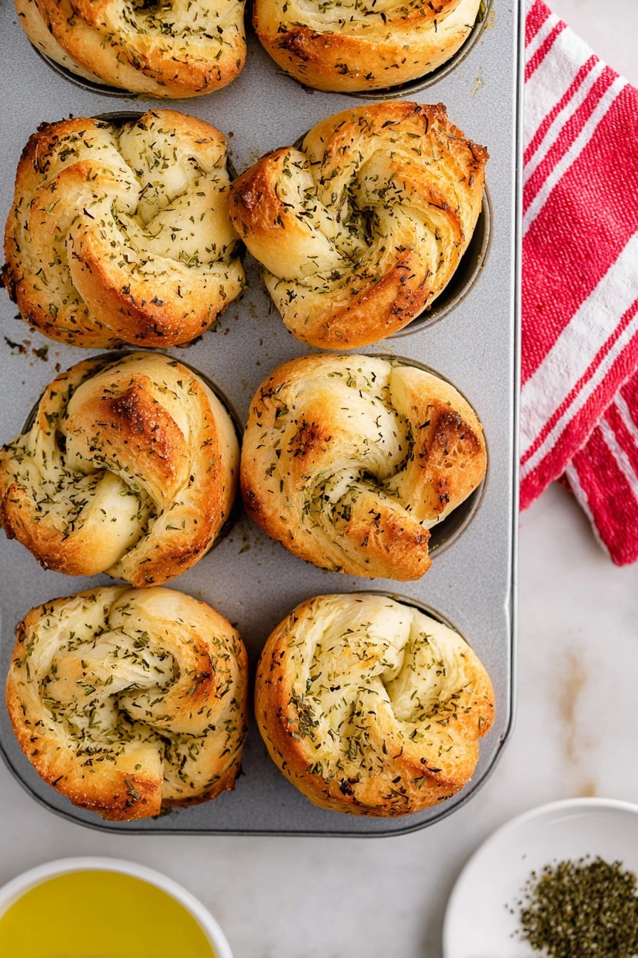 The image shows a close-up of a silver muffin tray with six baked herb rolls. Each roll has three to four layers of soft, golden brown dough with a slightly crispy texture on the edges. The dough is sprinkled evenly with dried green herbs, giving a fresh look. The rolls are puffed up and twisted, sitting snugly in each round cup of the muffin tin. A small red and white striped cloth is placed on the top right corner over a white marbled surface. The bottom part of the image shows a little bit of cracked black pepper and a white plate with yellow olive oil. Photo taken with an iphone --ar 2:3 --v 7 - Garlic Herb Pull-Apart Rolls, garlic herb pull-apart bread, easy garlic bread rolls, cheesy herb pull-apart buns, flaky garlic dinner rolls