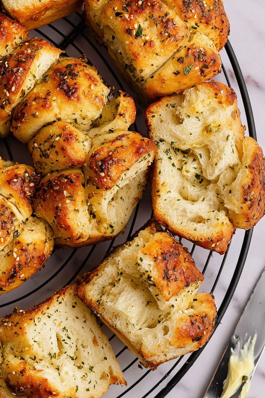 The image shows a close-up of golden brown pull-apart bread pieces with a slightly crispy outer layer sprinkled with green herbs. The bread has a layered, flaky texture visible in each piece. They are arranged randomly on a black wire cooling rack, placed on a white marbled surface. A metal butter knife with a bit of butter on the blade is visible on the right side near the edge of the rack. photo taken with an iphone --ar 2:3 --v 7 - Garlic Herb Pull-Apart Rolls, garlic herb pull-apart bread, easy garlic bread rolls, cheesy herb pull-apart buns, flaky garlic dinner rolls