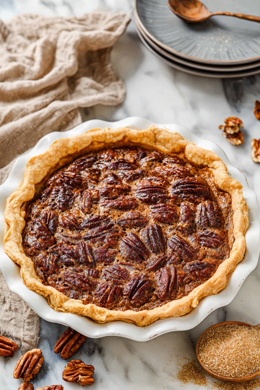 A slice of pecan pie is lifted above a white pie dish with crumbly edges and filling visible inside. The pie has three clear layers: the bottom crust layer which is golden brown and flaky, the middle layer of sticky, translucent caramel-colored filling, and the top layer covered with whole toasted pecans showing their textured brown shells. The edges of the crust are thick and crimped, and crumbs are scattered around in the pie dish. The background is a white marbled texture with a few whole pecans out of focus. The slice is held by a black pie server with a small part of a woman's hand gripping it. photo taken with an iphone --ar 2:3 --v 7 - Best Pecan Pie, Pecan Pie recipe, homemade pecan pie, classic pecan pie, easy pecan pie