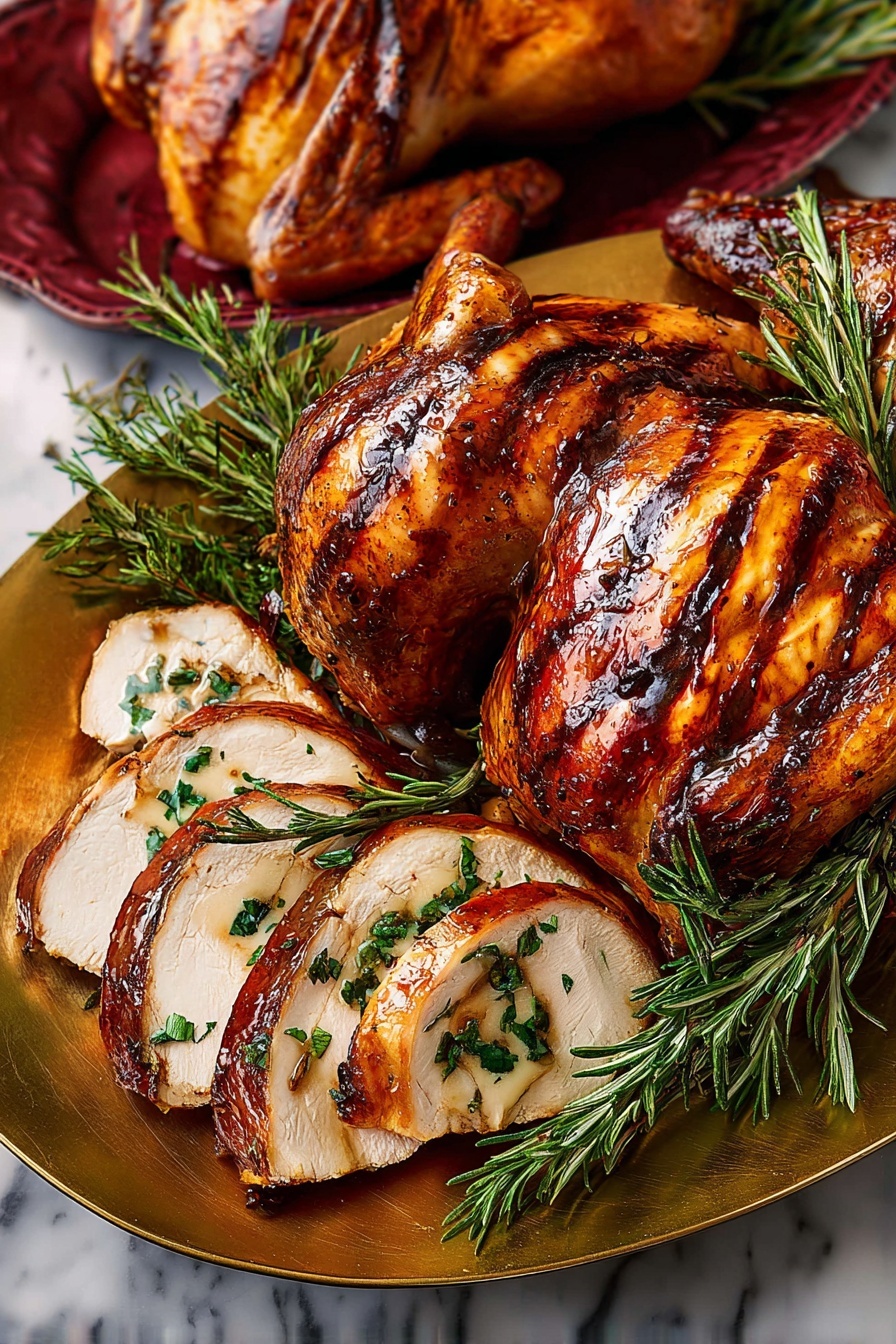The image shows a large white platter filled with golden brown roasted turkey pieces, glazed with a shiny, dark brown sauce. There are whole legs and thick slices of breast meat arranged close together, each slice revealing light beige inner meat with a smooth texture. Fresh green rosemary sprigs are scattered on top and around the meat for decoration. The turkey skin looks crispy with a rich caramel color and some darker charred spots. The platter rests on a white marbled surface. photo taken with an iphone --ar 2:3 --v 7 - Maple Butter Glazed Roast Turkey, roast turkey with maple glaze, festive turkey recipe, juicy roast turkey, easy holiday turkey