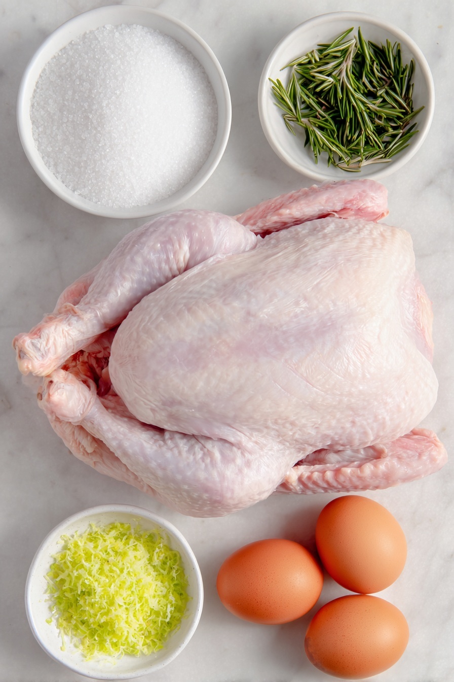 Flat lay of a whole fresh raw turkey with pale pink skin and visible wings and legs, a small white ceramic bowl filled with coarse white kosher salt crystals, a small white ceramic bowl holding bright green minced fresh rosemary, a small white ceramic bowl with finely grated bright yellow lemon zest, two whole uncracked brown eggs, placed symmetrically on a clean white marble surface, soft natural light, photo taken with an iPhone, professional food photography style, fresh ingredients, white ceramic bowls, no bottles, no duplicates, no utensils, no packaging --ar 2:3 --v 7 --p m7354615311229779997 - Perfectly Juicy Dry Brine Turkey, dry brine turkey recipe, juicy turkey cooking method, turkey brining tips, crispy skin turkey