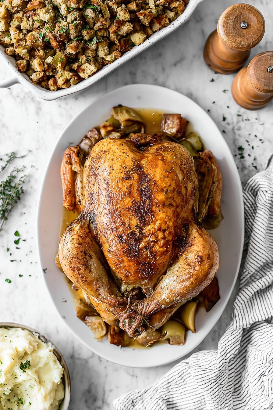 A whole roasted chicken with a crispy golden brown skin sits in the middle of a white oval plate, with two legs crossed at the top. The chicken rests on a bed of roasted vegetables, showing soft yellow, brown, and green colors underneath. To the upper left, a white casserole dish filled with a chunky, mixed stuffing with green herbs is visible, and below it on the left side, there is a white bowl filled with creamy mashed potatoes. The background shows a white marbled texture with a striped white and grey cloth on the upper right, alongside two wooden salt and pepper grinders on the lower right. Some scattered small green herbs add detail around the setting. Photo taken with an iphone --ar 2:3 --v 7 - Perfectly Juicy Dry Brine Turkey, dry brine turkey recipe, juicy turkey cooking method, turkey brining tips, crispy skin turkey
