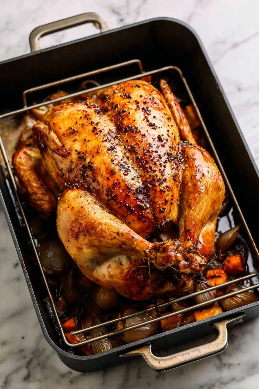 A whole roasted chicken with a shiny, golden-brown skin covered in small black pepper flakes sits in a black roasting pan with a metal handle. The chicken is placed on a metal rack inside the pan, lifting it above a layer of roasted vegetables beneath, which include small round orange carrots and browned onions. The chicken's legs and wings are tucked in close to its body, showing a slightly darker roasted color. The background is a white marbled texture. photo taken with an iphone --ar 2:3 --v 7 - Perfectly Juicy Dry Brine Turkey, dry brine turkey recipe, juicy turkey cooking method, turkey brining tips, crispy skin turkey