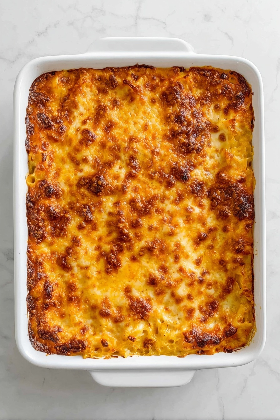 The image shows a close-up of a white baking dish filled with a golden-brown baked casserole with a bubbly, slightly crispy cheese layer on top. A silver spoon is scooping out a portion, revealing creamy, soft layers of melted cheese and potatoes inside. The casserole surface is rich orange and yellow with browned spots. Below, a white plate has a serving of the casserole, showing distinct chunks of tender potatoes covered in melted cheese. The dish rests on a white marbled surface beside a silver fork and a blue-striped cloth. photo taken with an iphone --ar 2:3 --v 7 - Classic Baked Macaroni and Cheese, cheesy baked pasta, comfort food recipes, homemade mac and cheese, easy baked macaroni