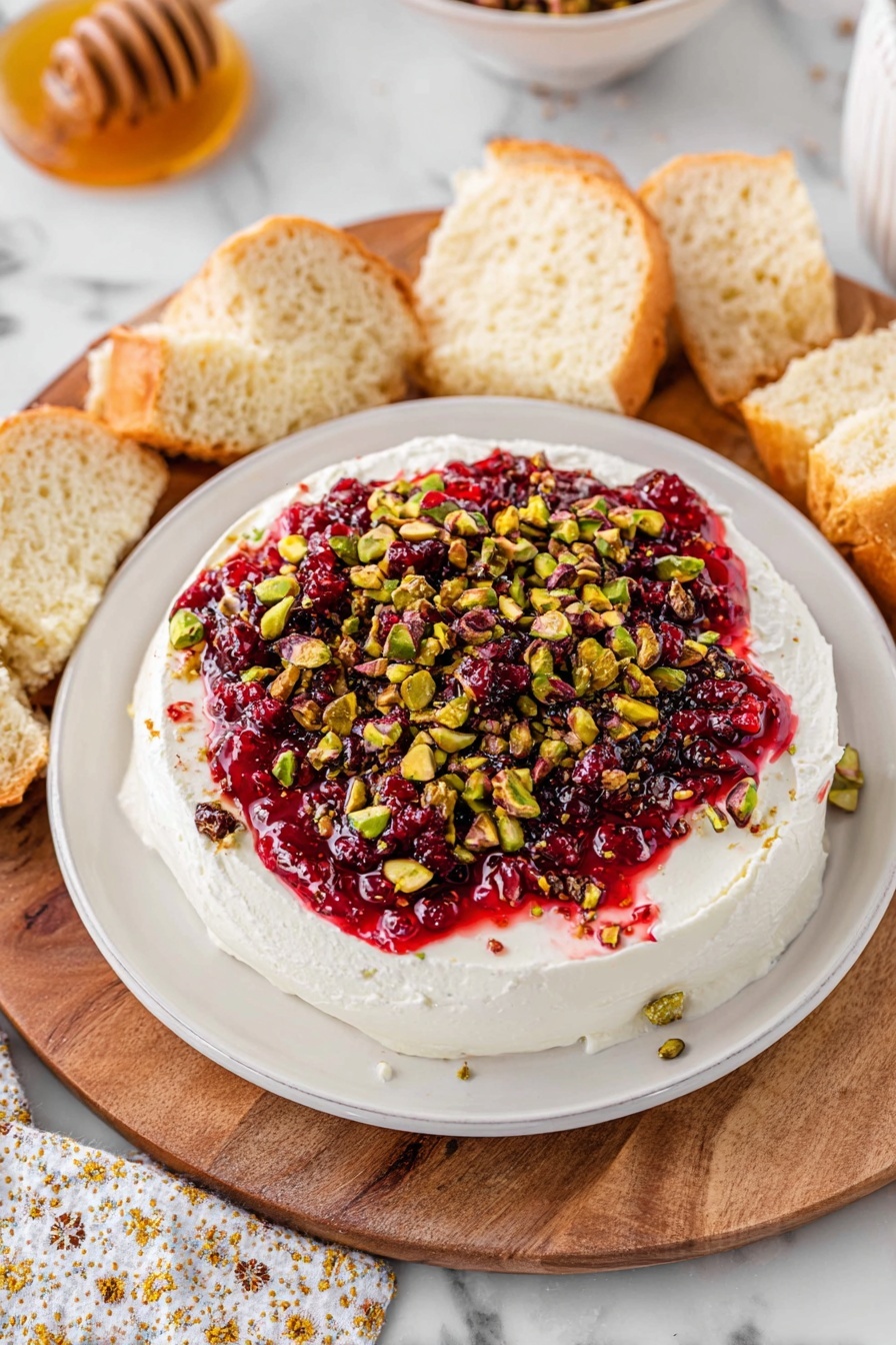 The dish is presented on a white plate with a smooth, thick layer of white cream cheese spread evenly, covering the whole base. On top, there is a bright red layer of chunky cranberry sauce spread across the middle, not reaching the edges. Scattered generously over the cranberry sauce are crushed pistachios with a mix of green and brown hues, adding texture and color contrast. The plate sits on a wooden board, beside slices of light golden crusty bread. A white patterned cloth and a white honey jar with a wooden honey dipper are visible nearby, all on a white marbled surface photo taken with an iphone --ar 2:3 --v 7 - Cranberry Feta Dip with Pistachios, cranberry feta dip, holiday cheese dip, festive appetizer recipes, easy party dip