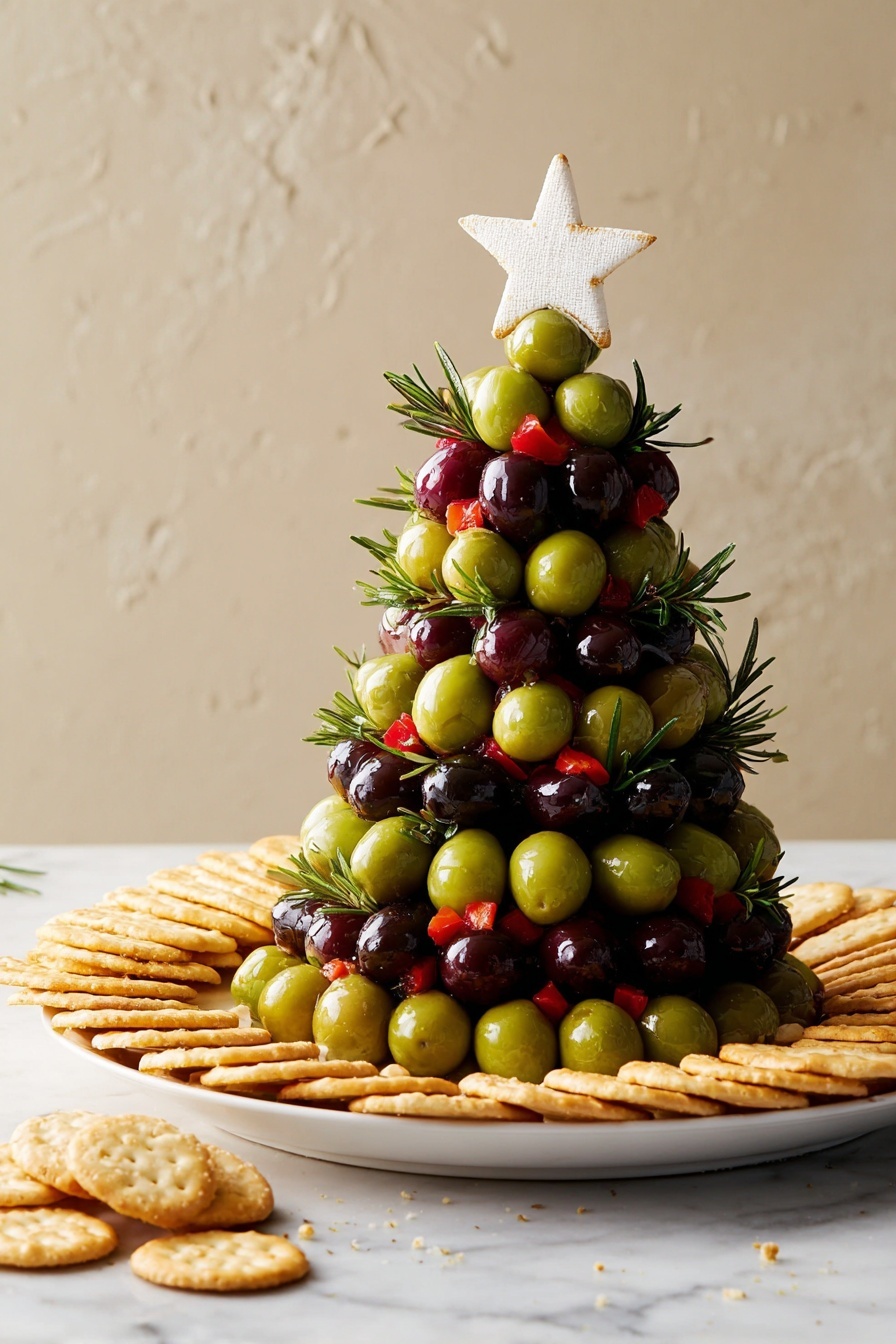 A tall Christmas tree-shaped stack made of green, black, and purple olives mixed with red pepper pieces and small rosemary sprigs, all tightly packed together to form a cone shape. On top, there is a white star-shaped decoration. The olive tree sits on a white plate, surrounded by small stacks and scattered round beige crackers. The whole scene is on a white marbled surface with a plain grey wall background. photo taken with an iphone --ar 2:3 --v 7 - Cheese Ball Christmas Tree, festive cheese ball appetizer, holiday cheese ball, Christmas party appetizer, Christmas cheese centerpiece
