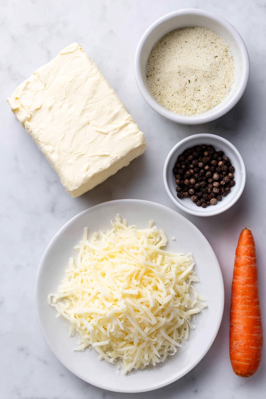 Flat lay of a block of soft cream cheese, a small white bowl filled with a fine dry ranch seasoning powder, a small white bowl with finely shredded mozzarella cheese, a separate small white bowl containing more finely shredded mozzarella cheese, a whole small bright orange carrot, and ten whole black peppercorns neatly arranged on a simple white ceramic plate, all placed on a clean white marble surface, soft natural light, photo taken with an iPhone, professional food photography style, fresh ingredients, white ceramic bowls, no bottles, no duplicates, no utensils, no packaging --ar 2:3 --v 7 --p m7354615311229779997 - Ranch Snowman Cheeseball, festive cheeseball ideas, holiday appetizer recipes, easy cheese ball recipes, themed party appetizers