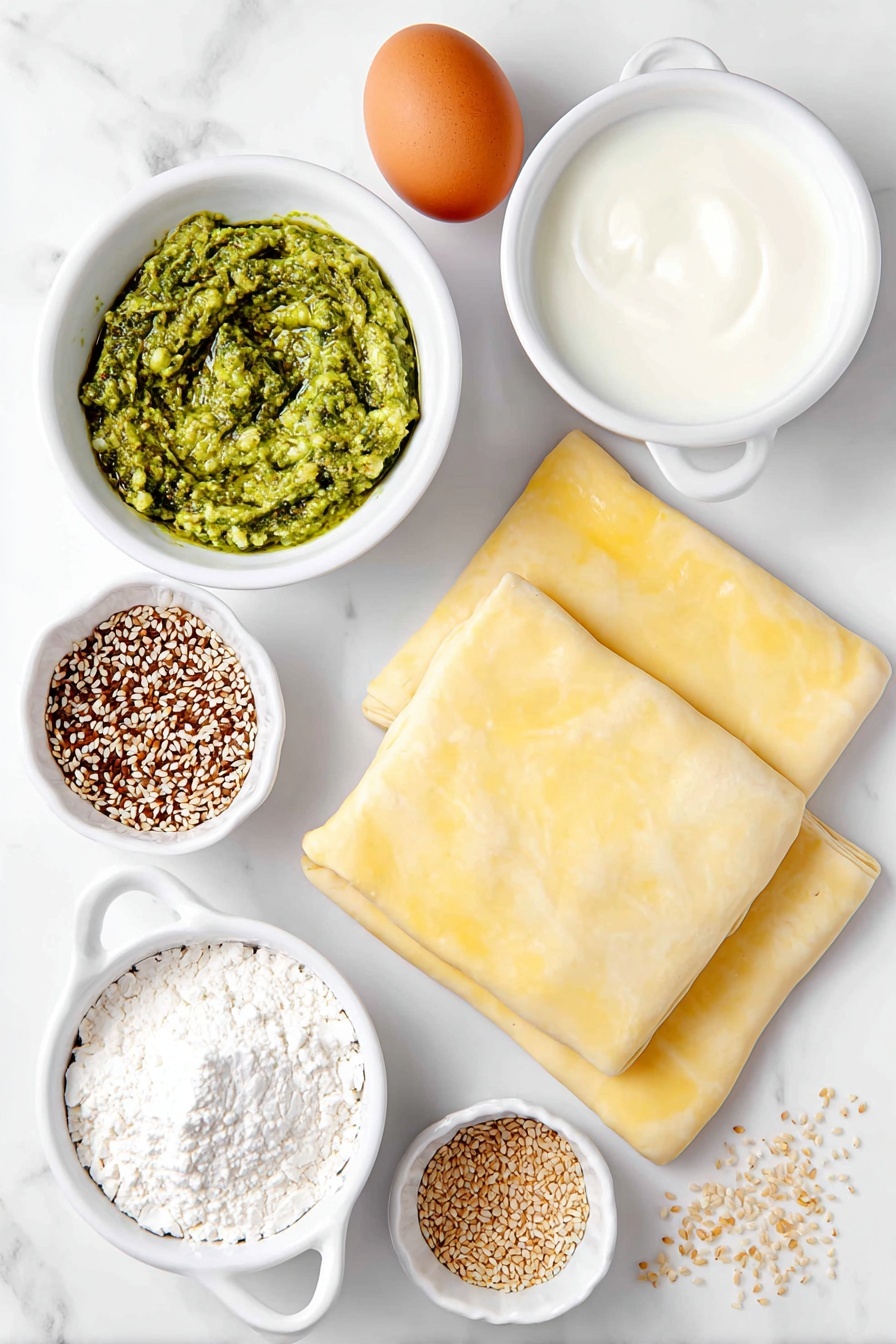 Flat lay of two sheets of golden puff pastry resting flat and unbaked, a small white ceramic bowl filled with vibrant green pesto sauce, one whole uncracked brown egg, a small white ceramic bowl containing creamy milk, and a small white ceramic bowl with scattered natural sesame seeds placed symmetrically around the pastries, all arranged with perfect balance and realism, placed on a clean white marble surface, soft natural light, photo taken with an iPhone, professional food photography style, fresh ingredients, white ceramic bowls, no bottles, no duplicates, no utensils, no packaging --ar 2:3 --v 7 --p m7354615311229779997 - Puff Pastry Christmas Tree Appetizer, festive holiday appetizer with puff pastry, easy Christmas party snack, savory pesto puff pastry bites, holiday appetizer ideas