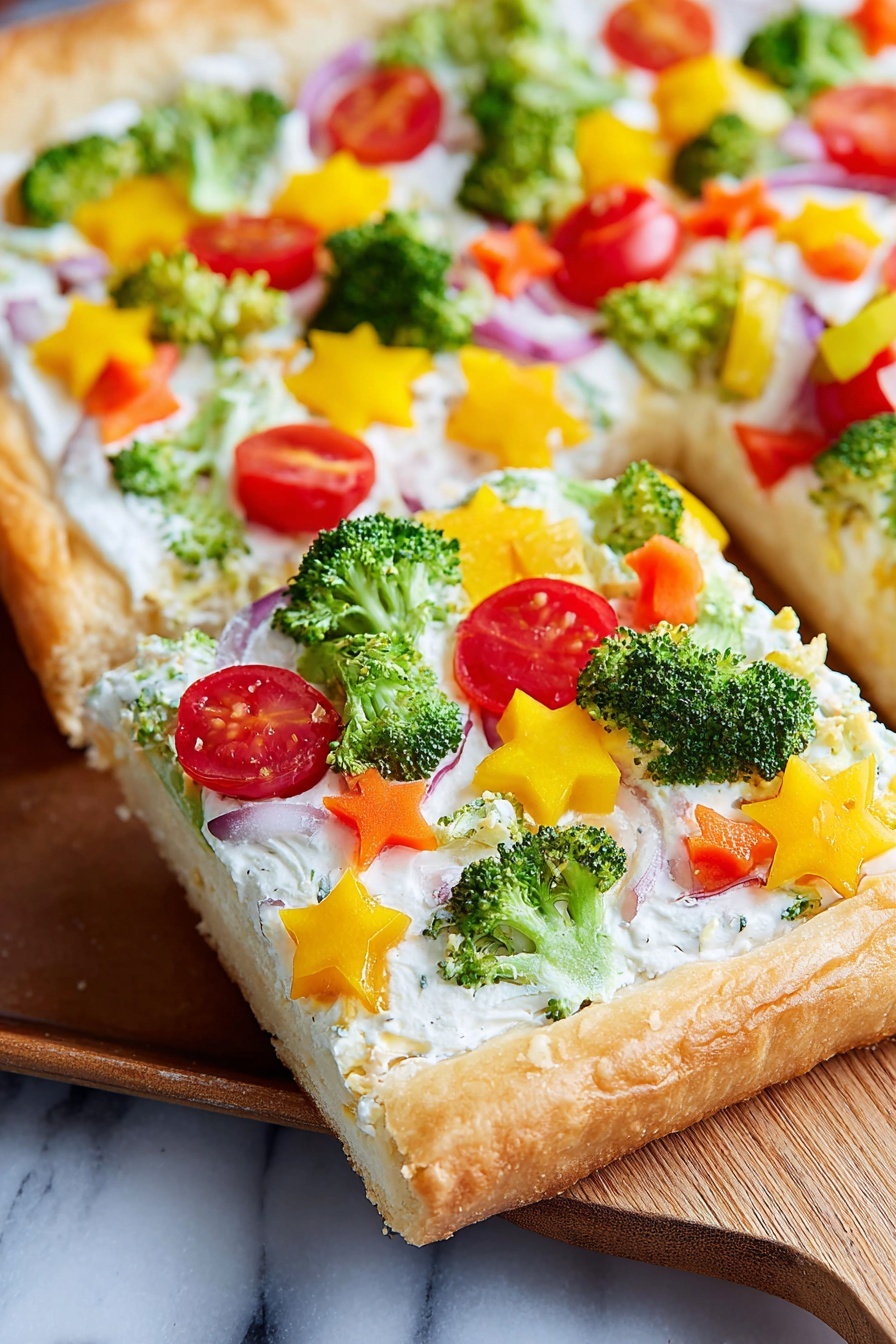 The image shows a rectangular pizza on a metal tray with a raised golden crust forming the border. The pizza has a thick white creamy layer as the base, sprinkled with small purple and green chopped onions. On top, there is a Christmas tree shape made from broccoli, decorated with red cherry tomatoes, yellow and red bell pepper stars, and thin carrot strips. The background is a white marbled surface with a small pine branch and blurred festive cloth partially visible on the side. photo taken with an iphone --ar 2:3 --v 7 - Christmas Veggie Pizza, Festive Veggie Pizza, Holiday Vegetable Appetizer, Christmas Party Food, Colorful Veggie Pizza