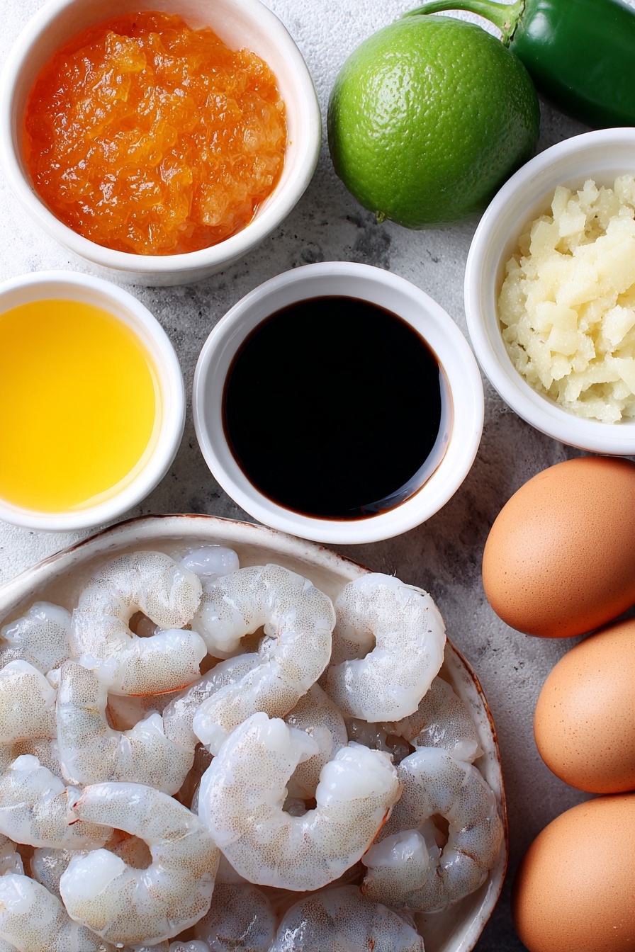 Flat lay of a pile of raw peeled and deveined shrimp, a small white ceramic bowl with smooth red jellied cranberry sauce, a small white ceramic bowl with dark glossy balsamic vinegar, a small white ceramic bowl with golden soy sauce, a small white ceramic bowl with vibrant freshly squeezed lime juice, a fresh whole jalapeno pepper with glossy green skin, three whole uncracked brown eggs, a small white ceramic bowl with minced fresh ginger root, three peeled garlic cloves, a fresh lime with bright green zest partially grated, and several fresh lime wedges, all arranged with perfect symmetry on a clean white marble surface, soft natural light, photo taken with an iPhone, professional food photography style, fresh ingredients, white ceramic bowls, no bottles, no duplicates, no utensils, no packaging --ar 2:3 --v 7 --p m7354615311229779997 - Spicy Cranberry Shrimp Skewers, Cranberry Shrimp Skewers, Spicy Shrimp Appetizer, Holiday Shrimp Skewers, Easy Shrimp Skewers Recipe