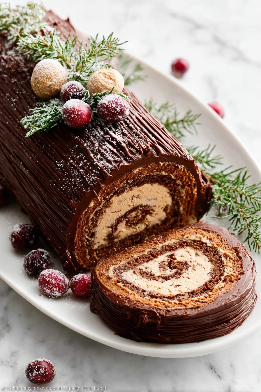 A chocolate log cake is shown with one slice cut to display its inside spiral layers, which include a light brown cake layer and a lighter brown creamy filling. The outside of the log is covered with a thick, shiny dark chocolate frosting that has textured lines running along its length. The cake is decorated on top with small round sugared cranberries, snowy green sprigs, and light brown toasted round pieces. It sits on a white plate with a few more sugared cranberries and green sprigs around it, all placed on a white marbled textured surface. photo taken with an iphone --ar 2:3 --v 7 - Chocolate Yule Log Cake, Yule Log Dessert, Holiday Chocolate Cake, Bûche de Noël, Festive Christmas Cake