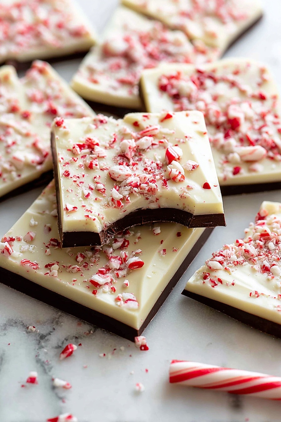 The image shows pieces of layered peppermint bark arranged on a white marbled surface. Each piece has three visible layers: a bottom smooth milk chocolate layer in dark brown, a middle thin line of dark chocolate, and a top creamy white chocolate layer. The white chocolate layer is sprinkled generously with crushed red and white peppermint candy pieces, adding a rough texture and vibrant red highlights. One piece in the center has a bite taken out, revealing the layers clearly. A whole peppermint stick is visible near the bottom right. photo taken with an iphone --ar 2:3 --v 7 - Peppermint Chocolate Bark, peppermint chocolate bark, festive chocolate treats, easy holiday bark, Christmas candy recipes