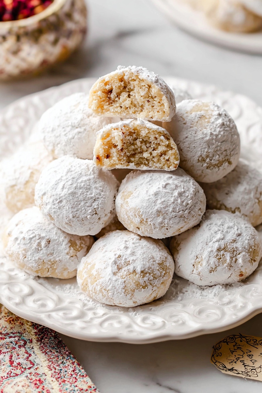 A white dish filled with many round cookies covered all over with white powdered sugar, each cookie showing a rough, crumbly texture through the sugar. The cookies are light brown under the sugar and piled closely together. One cookie near the top center has a bite taken out, showing a dense, soft inside. The dish has a red border with a simple red pattern inside. The background is a white marbled texture. photo taken with an iphone --ar 2:3 --v 7 - Easy Snowball Cookies with Pecans, simple holiday cookies, pecan snowball cookies, melt-in-your-mouth butter cookies, quick nut ball cookies