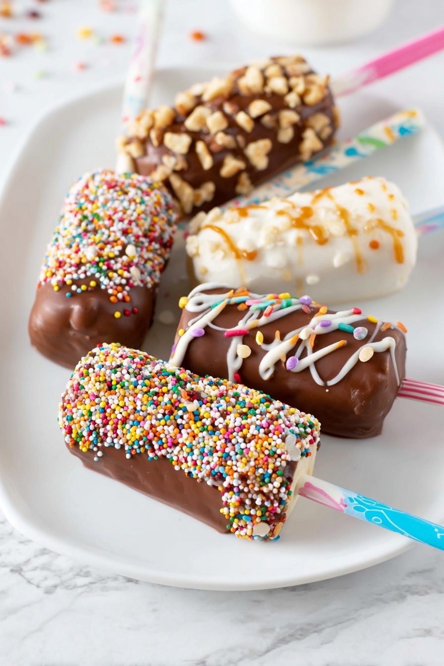 A woman's hand holds three treats on sticks, each with different toppings and colorful striped sticks: the left one is covered in milk chocolate and chunky light brown nut pieces, the middle one is covered in milk chocolate with many small colorful sprinkles, and the right one is made of white marshmallows stacked and drizzled with caramel and chocolate sauce in irregular lines. The background is a white marbled texture. photo taken with an iphone --ar 2:3 --v 7 - Chocolate Marshmallow Pops, Easy Chocolate Marshmallow Treats, Homemade Marshmallow Lollipops, Fun Dessert Ideas, DIY Chocolate Marshmallows