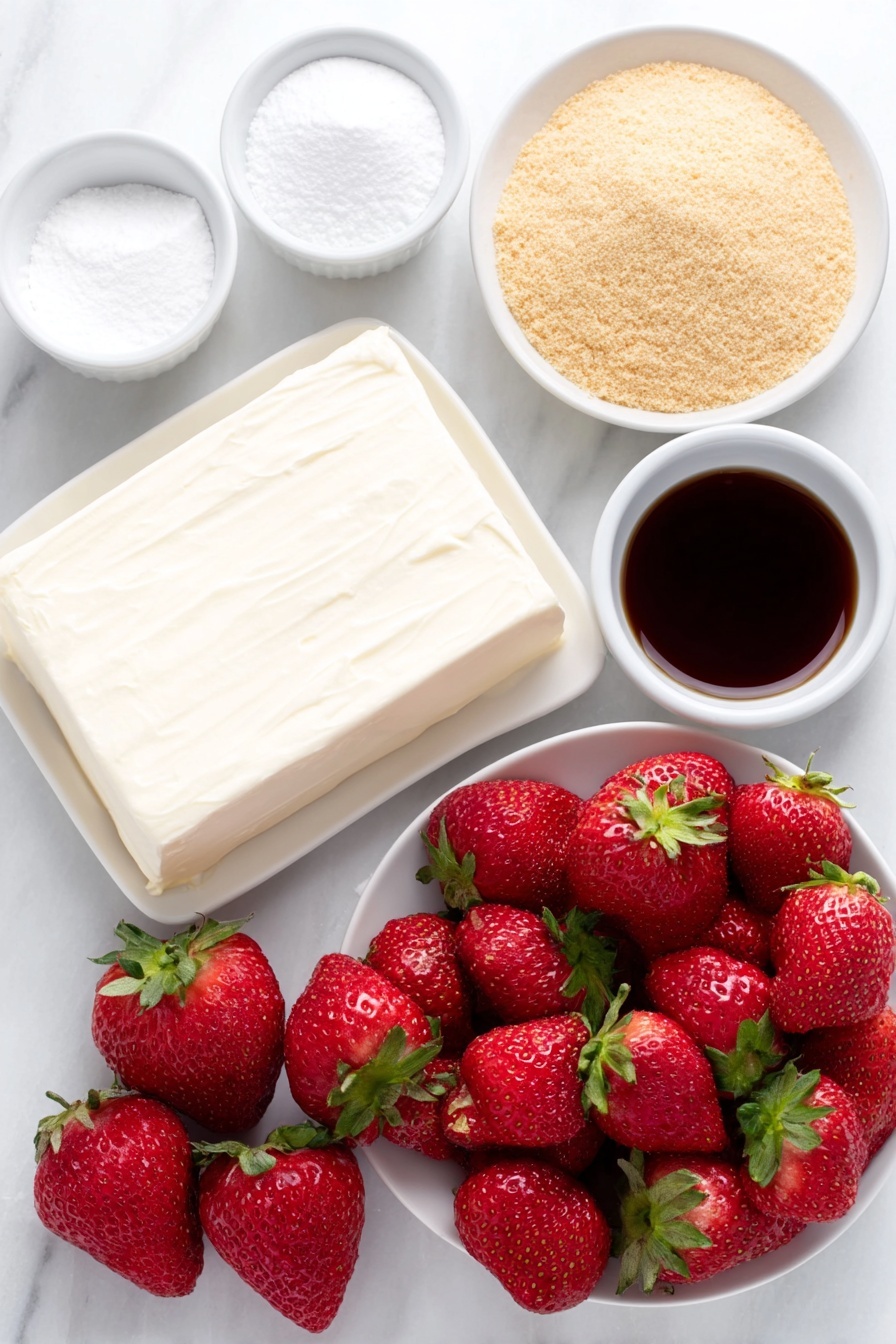 Flat lay of fresh whole strawberries with green leaves, a block of softened cream cheese on a simple white ceramic plate, a small white bowl filled with powdered sugar, a small white bowl containing clear vanilla extract, a small white bowl with heavy whipping cream, and a small white bowl holding crushed graham cracker crumbs, all arranged in perfect symmetry on a clean white marble surface, soft natural light, photo taken with an iPhone, professional food photography style, fresh ingredients, white ceramic bowls, no bottles, no duplicates, no utensils, no packaging --ar 2:3 --v 7 --p m7354615311229779997 - Deviled Strawberries with Cream Cheese Filling, no-bake strawberry desserts, easy fruit appetizers, creamy berry treats, quick strawberry snacks