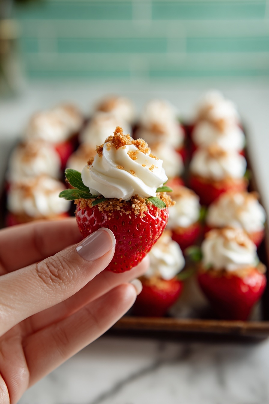 The image shows a tray filled with rows of halved fresh strawberries, each with a swirl of white cream placed on top. The strawberries are bright red with visible seeds and small green leaves attached at some edges. The cream is smoothly piped in a small round dollop on each strawberry half, giving a soft and fluffy texture. Over the cream and around the strawberries, there is a light sprinkle of a beige powder, possibly crushed cookies or nuts, adding a slightly crumbly texture and color contrast. The strawberries are neatly arranged on a tray, set on a white marbled surface with soft natural light enhancing their vibrant colors. photo taken with an iphone --ar 2:3 --v 7 - Deviled Strawberries with Cream Cheese Filling, no-bake strawberry desserts, easy fruit appetizers, creamy berry treats, quick strawberry snacks