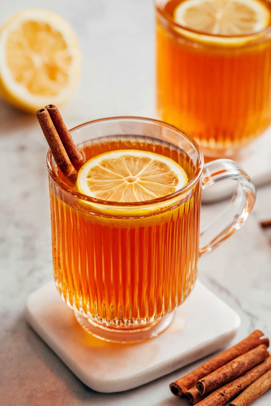 The image shows a clear textured glass mug filled with a warm amber-colored liquid, likely tea, with a bright yellow lemon slice floating near the top layer. Inside the mug, a thin metal spoon stands upright in the drink. The mug is placed on a white marbled surface, with two brown cinnamon sticks lying nearby. In the blurry background, there is a glass teapot containing more of the amber liquid and a basket holding a whole yellow lemon. A piece of dark teal fabric with frayed edges is partially visible on the left side. The scene feels cozy and inviting. photo taken with an iphone --ar 2:3 --v 7 - Non-Alcoholic Hot Toddy with Spices, spiced hot tea drink, warm comforting non-alcoholic beverage, cozy hot toddy without alcohol, homemade hot toddy with cinnamon and lemon