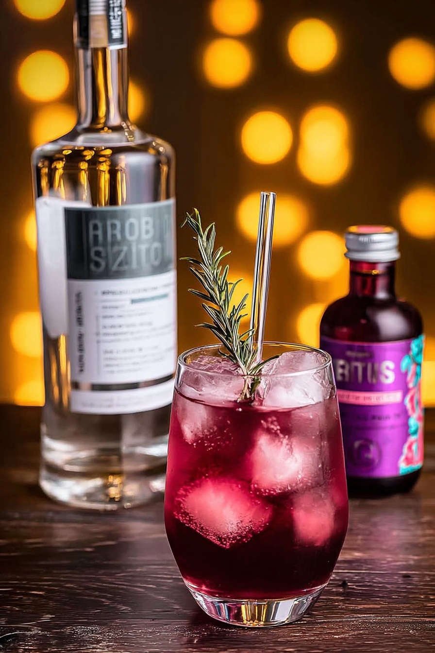 A clear glass filled with dark pink liquid and several large ice cubes, garnished with a small green rosemary sprig standing inside the drink, with a clear glass straw resting on the right side of the glass. Behind the glass are two bottles placed on a dark wooden surface: a tall bottle with a white label on the left and a smaller bottle with a purple label on the right. The background shows large warm yellow light spots, creating a cozy atmosphere. photo taken with an iphone --ar 2:3 --v 7 - Blood Orange Cranberry Mocktail, festive non-alcoholic drinks, holiday mocktail recipes, easy fruit mocktail, sparkling cranberry orange drink