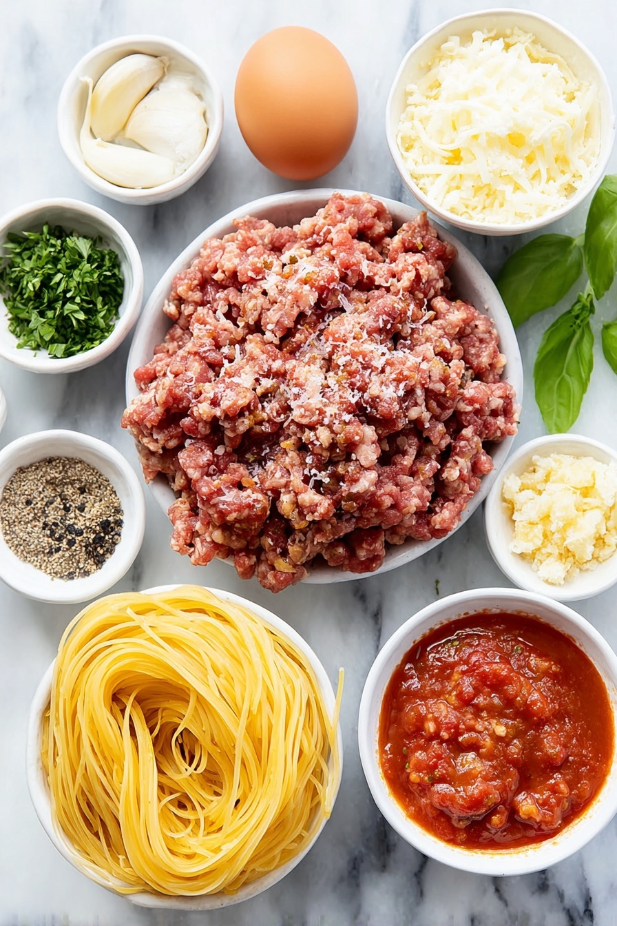 Flat lay of one large brown egg, a small white ceramic bowl of finely chopped fresh basil leaves, a small white bowl of finely chopped fresh parsley, a small white bowl with dried oregano, a small white bowl of coarse salt, a small white bowl of freshly ground black pepper, two peeled garlic cloves, a small white bowl of water, a mound of fresh ground beef, pork and veal mix, a small white bowl of dried Italian style bread crumbs, a small white bowl of freshly grated Parmigiano-Reggiano cheese, a small white bowl filled with bright red marinara sauce, and a neat bundle of uncooked spaghetti arranged symmetrically on a clean white marble surface, soft natural light, photo taken with an iPhone, professional food photography style, fresh ingredients, white ceramic bowls, no bottles, no duplicates, no utensils, no packaging --ar 2:3 --v 7 --p m7354615311229779997 - Easy Homemade Spaghetti and Meatballs, homemade spaghetti and meatballs recipe, best spaghetti and meatballs, quick pasta with meatballs, classic Italian spaghetti and meatballs