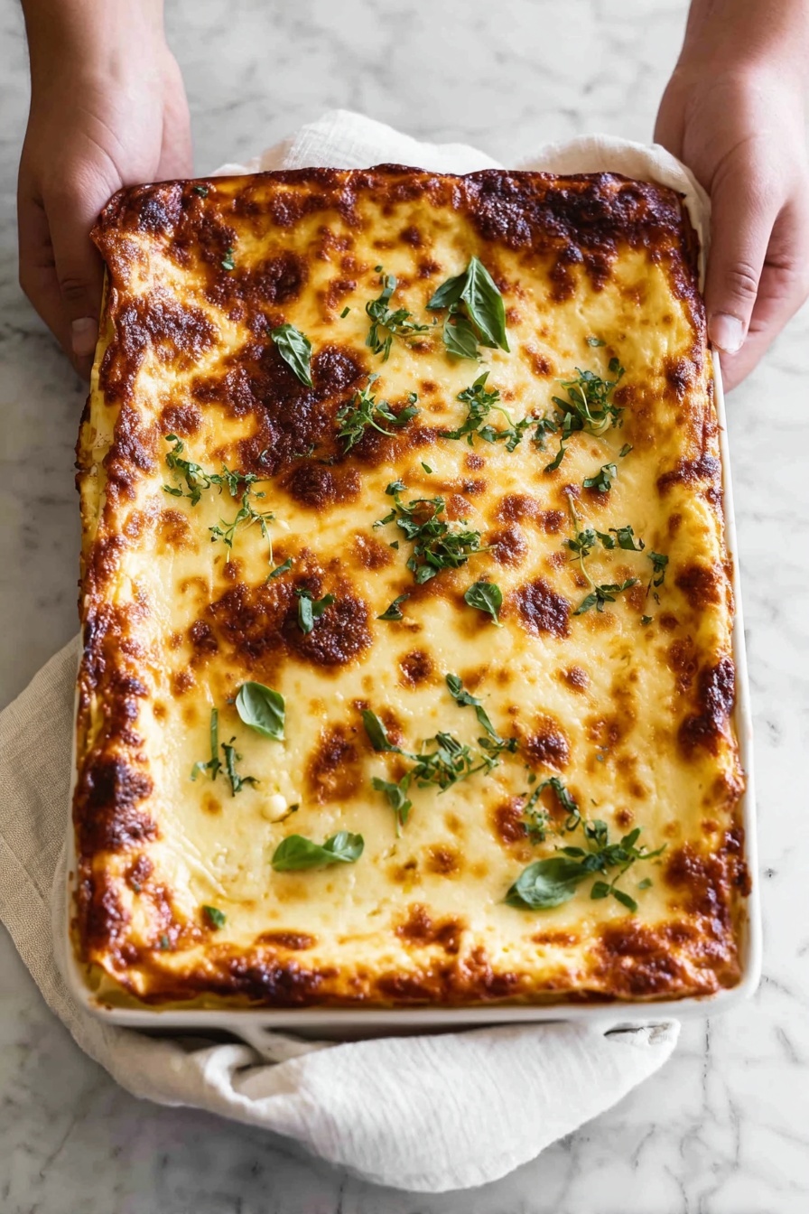 A rectangular lasagna with a bubbly, golden-brown cheese top layer that has browned spots and a slightly crispy edge, sprinkled with fresh green basil leaves across the surface; the dish is held on both sides by a woman's hands using a white cloth, all placed on a white marbled background photo taken with an iphone --ar 2:3 --v 7 - Italian Beef Lasagna, classic lasagna with beef ragu, homemade Italian lasagna, authentic beef lasagna recipe, traditional Italian lasagna