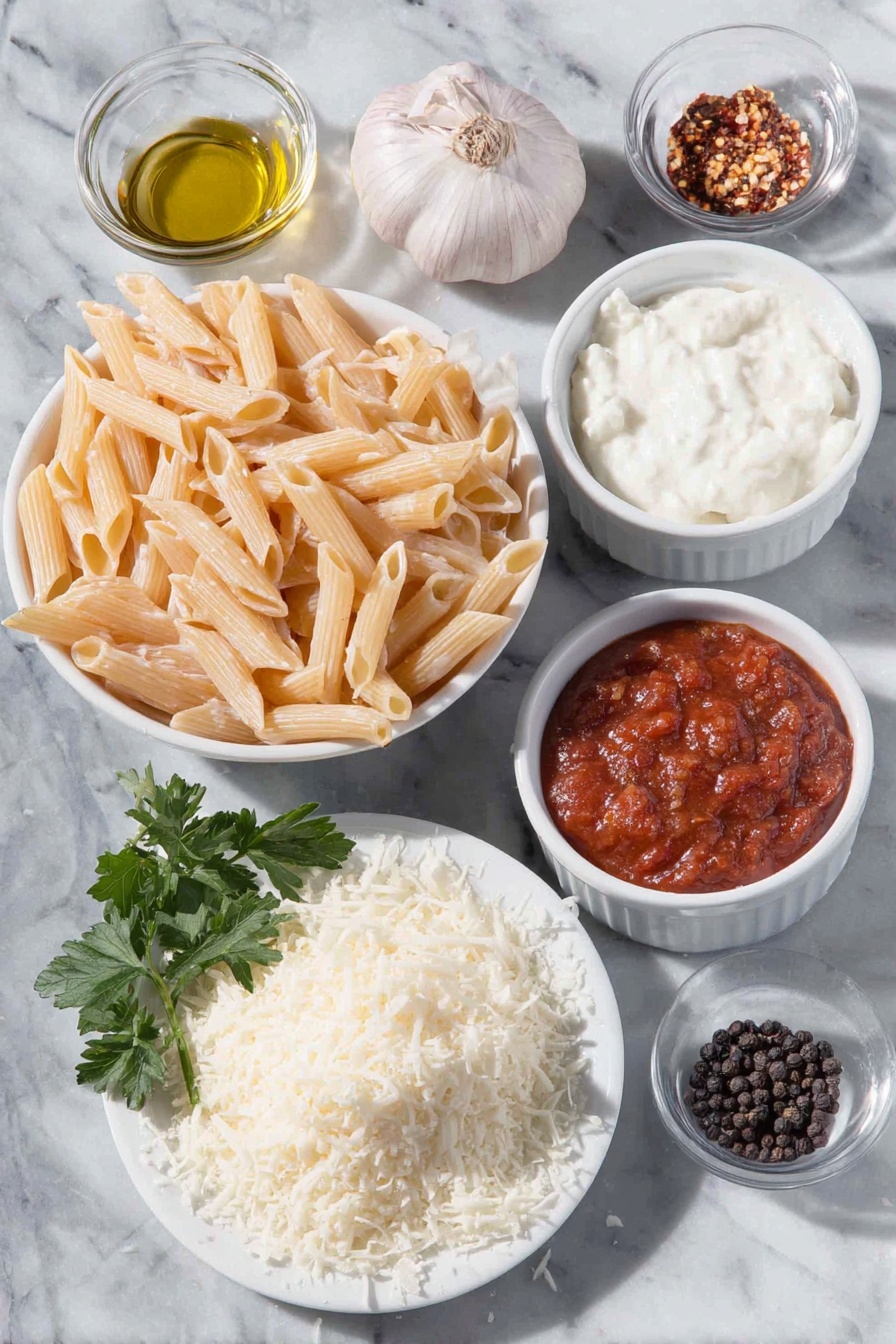 Flat lay of a small pile of uncooked penne pasta, two whole uncracked brown garlic cloves, half a small onion diced finely in a white ceramic bowl, a small white bowl of bright red tomato paste, a small white bowl of thick heavy cream, a small white bowl with clear vodka, a tiny heap of red pepper flakes on the side, a small white bowl filled with golden olive oil, a small white bowl containing kosher salt crystals, a few whole black peppercorns scattered neatly, a small mound of freshly grated parmesan cheese loosely piled on a white ceramic plate, a few fresh sprigs of bright green parsley placed delicately on the side, all arranged in perfect symmetry and balanced proportions placed on a clean white marble surface, soft natural light, photo taken with an iPhone, professional food photography style, fresh ingredients, white ceramic bowls, no bottles, no duplicates, no utensils, no packaging --ar 2:3 --v 7 --p m7354615311229779997 - Creamy Vodka Penne Pasta, creamy vodka pasta, easy penne pasta recipe, homemade vodka penne, rich pasta dishes