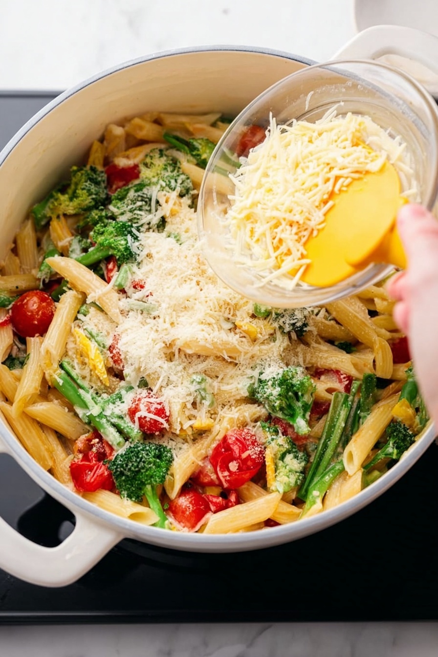 A white pot filled with penne pasta mixed with vibrant green vegetables, sliced red cherry tomatoes, and some yellow pieces. On top, there is a thick layer of light-colored parmesan cheese covering almost half of the pasta. A woman's hand is holding a small glass bowl filled with shredded pale yellow cheese and scraping it with a yellow spatula over the pot. The pot is placed on a white marbled surface. photo taken with an iphone --ar 2:3 --v 7 - One-Pot Spring Pasta Primavera, spring vegetable pasta, easy pasta primavera, healthy pasta dish, quick weeknight dinner