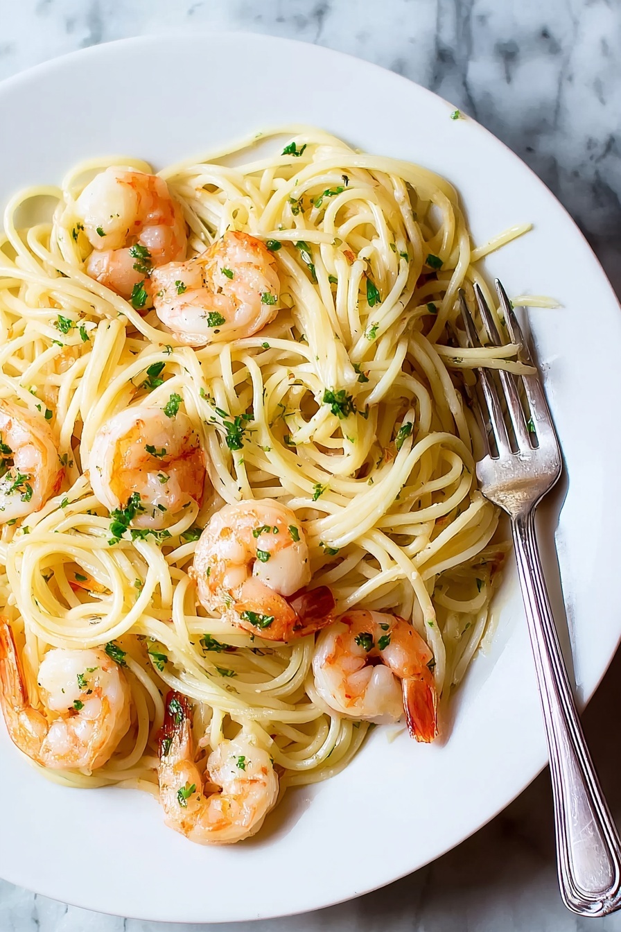 A white plate holds a simple dish of spaghetti pasta mixed with cooked shrimp. The spaghetti noodles are a pale yellow color, intertwined across the plate in soft loops. Plump shrimp with pinkish-orange tails are scattered evenly on top and within the pasta. Small pieces of green herbs are sprinkled over the dish, adding bits of bright green color. A silver fork rests on the right side of the plate. The background is a white marbled surface. photo taken with an iphone --ar 2:3 --v 7 - Garlic Shrimp Scampi with Herb Sauce, Shrimp Scampi, Garlic Shrimp Recipes, Seafood Dinner Ideas, Easy Shrimp Recipes
