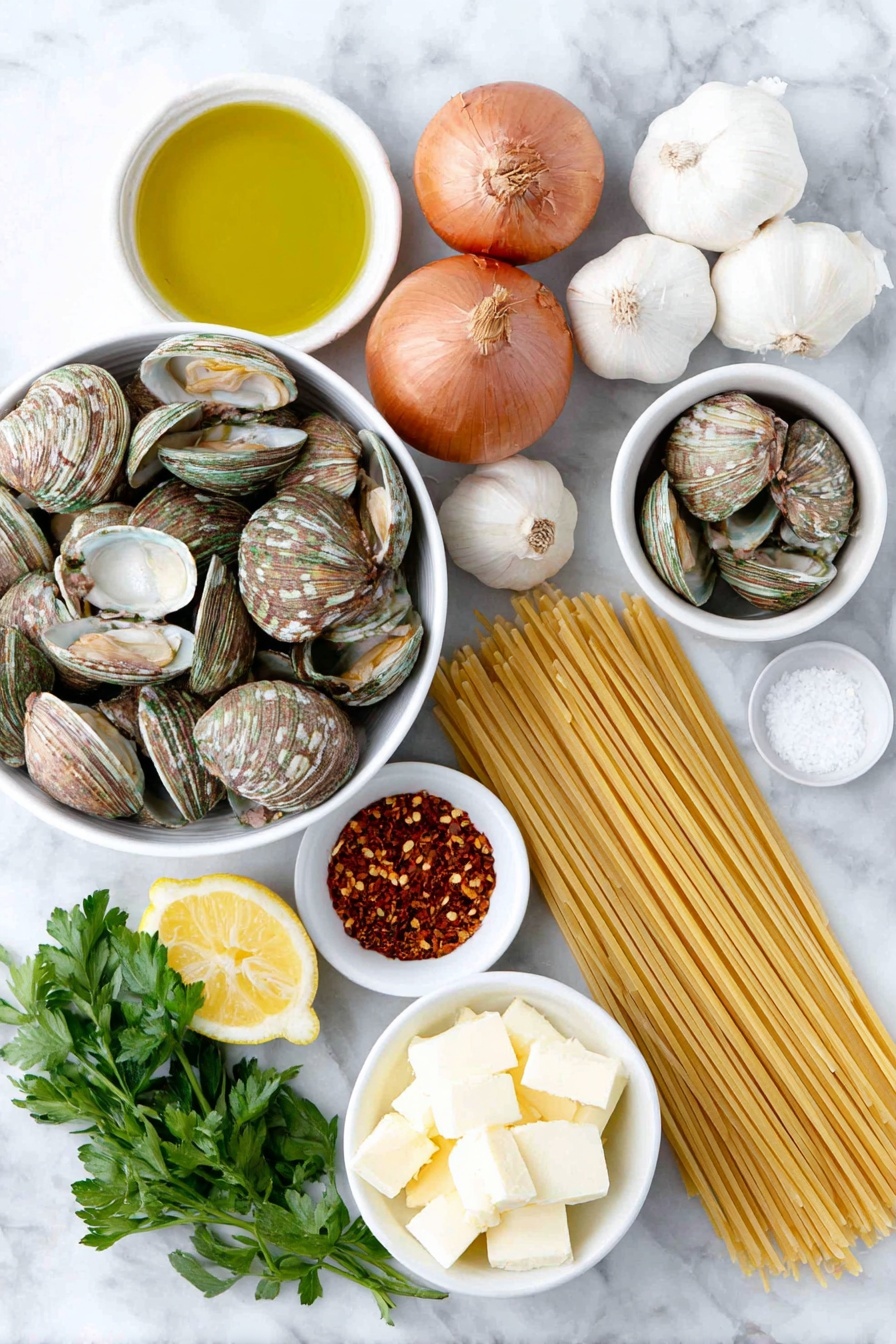 Flat lay of a small pile of dry linguine pasta strands, a cluster of fresh Littleneck clams with open shells, two whole uncracked brown shallots, six whole uncracked garlic cloves, a small white ceramic bowl of golden extra-virgin olive oil, a small white ceramic bowl of clear dry white wine, a small white ceramic bowl with vibrant red pepper flakes, a few sprigs of fresh flat-leaf parsley loosely arranged, a small white ceramic bowl of creamy unsalted butter cubes, a whole fresh lemon with a few thin lemon zest strips beside it, a small white ceramic bowl holding fresh lemon juice, and a small white ceramic bowl of coarse kosher salt placed symmetrically around the central linguine on a clean white marble surface, soft natural light, photo taken with an iPhone, professional food photography style, fresh ingredients, white ceramic bowls, no bottles, no duplicates, no utensils, no packaging --ar 2:3 --v 7 --p m7354615311229779997 - Linguine with Clams in White Wine Sauce, clam pasta recipe, seafood pasta with white wine, quick clam linguine, easy clam pasta dish