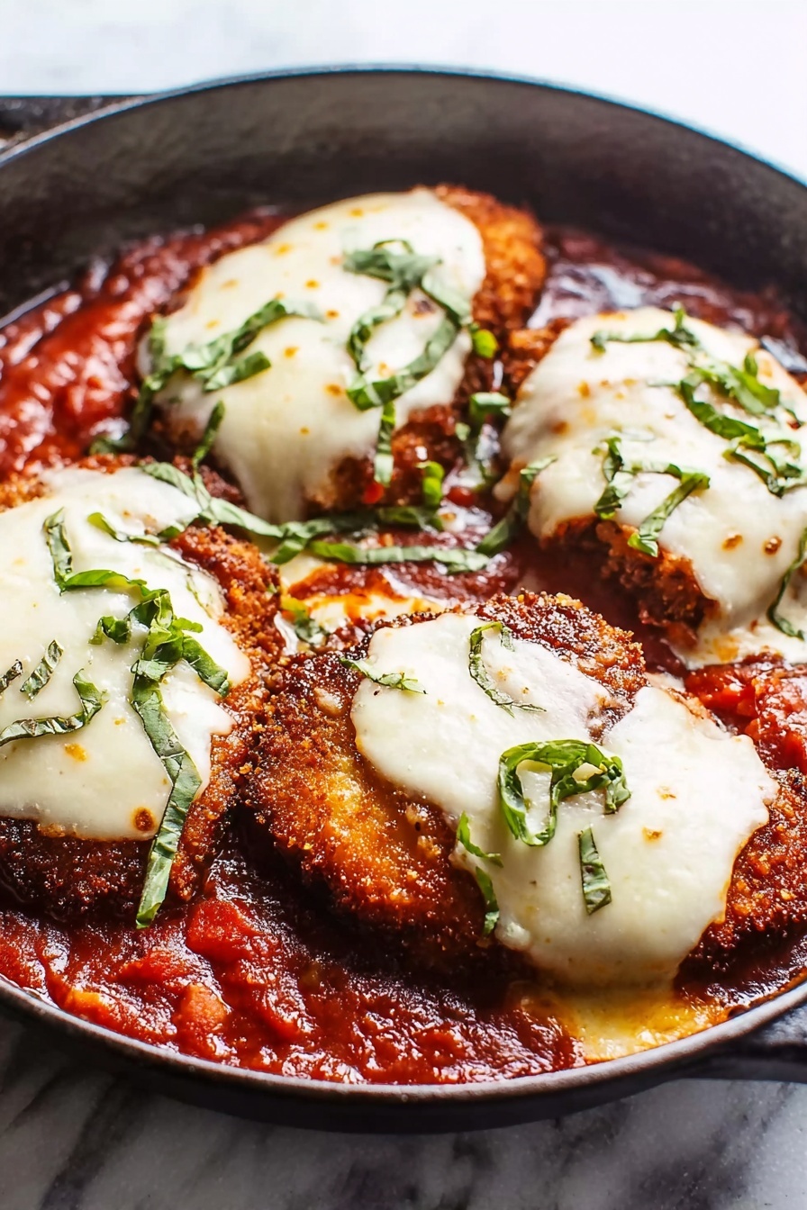 A close-up of a black skillet filled with four pieces of golden brown fried chicken covered with thick white melted cheese on top, resting in a rich red tomato sauce with small pieces of green basil leaves scattered throughout. The crispy texture of the chicken contrasts with the smooth cheese and chunky sauce, and the skillet sits on a white marbled surface. Photo taken with an iphone --ar 2:3 --v 7 - Skillet Chicken Parmesan, chicken parmesan recipe, easy chicken parmesan, one-pan chicken parmesan, crispy chicken parmesan